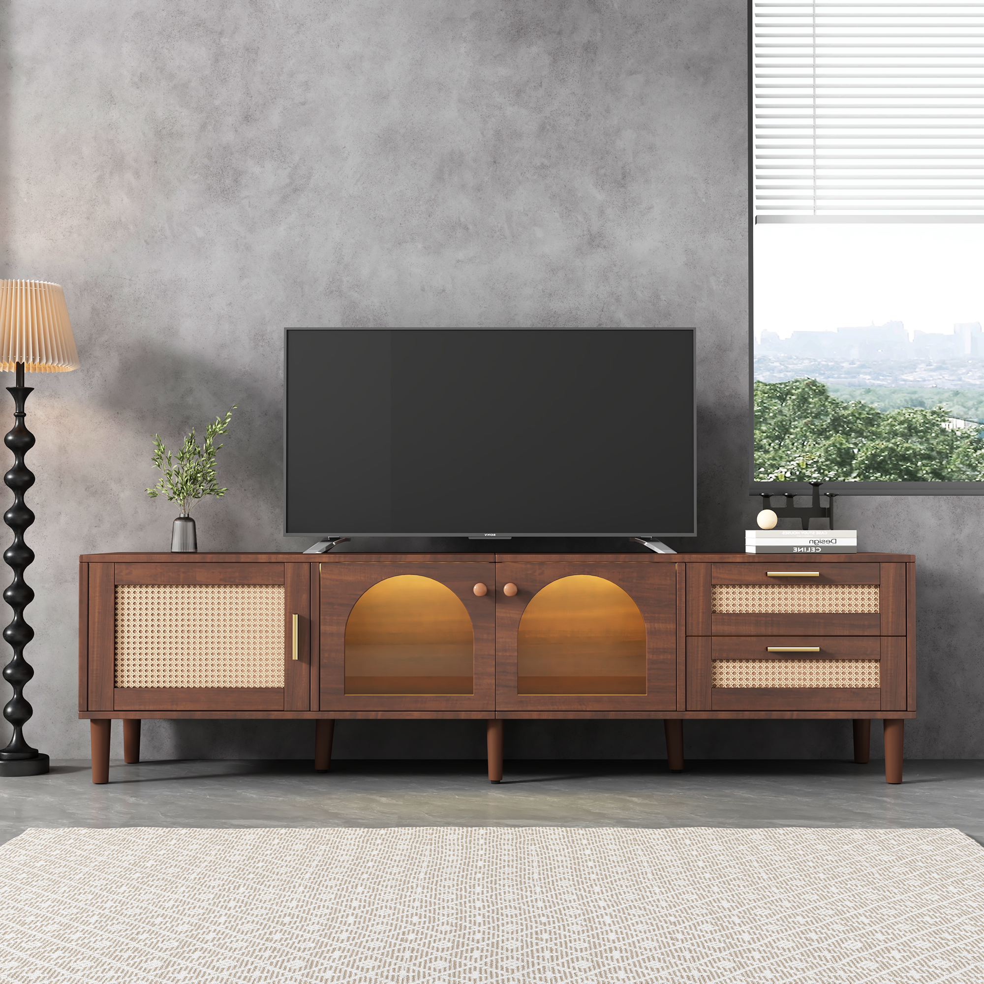 70 Inch TV Stand For TVs Up To 80, Entertainment Center With App Controlled LED Lights, 2 Drawers & Glass Door Storage, Modern Media Console For Living Room