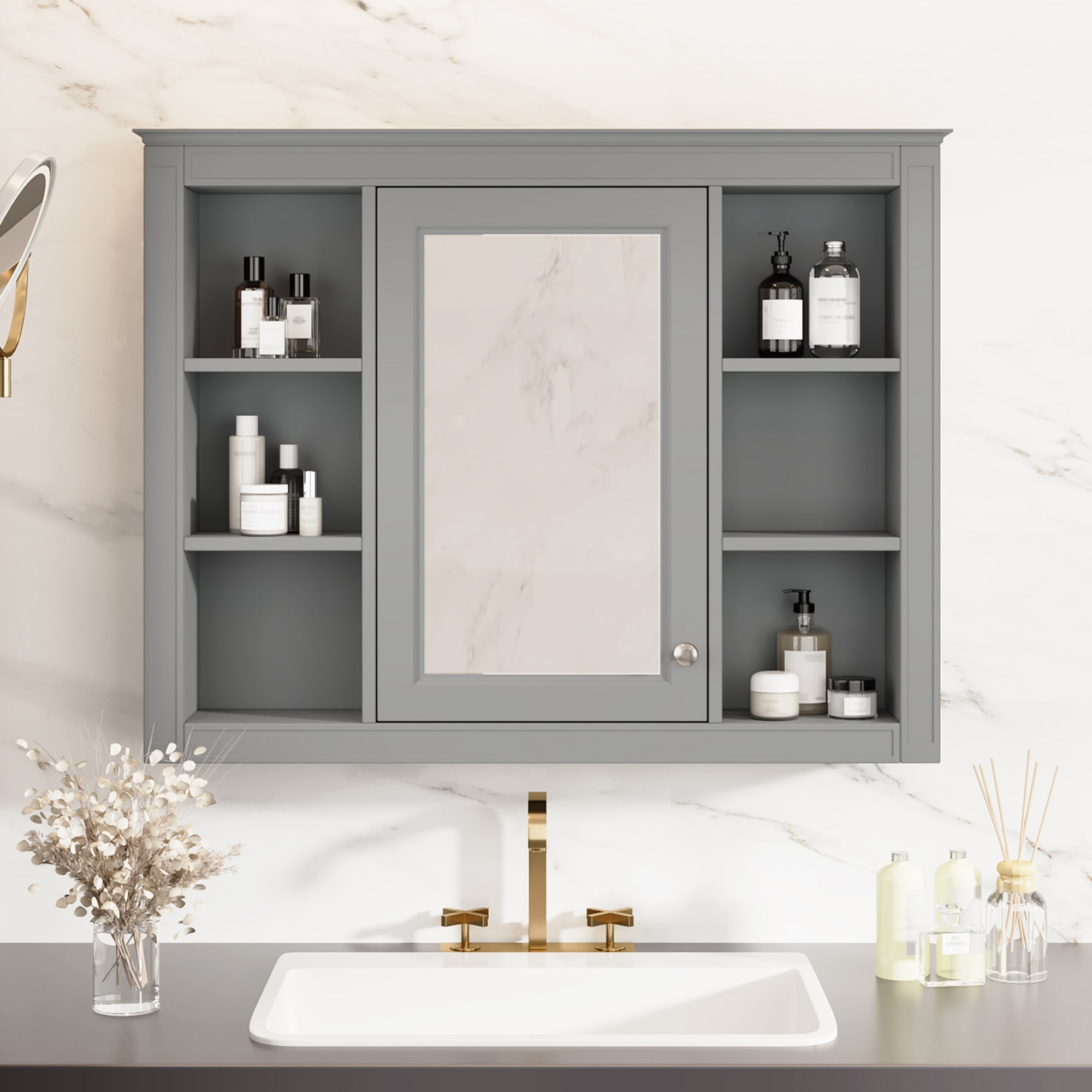 35 X 27.5 Medicine Cabinet, Wall Mounted Bathroom Storage Cabinet, Modern Bathroom Wall Cabinet With Mirror, Mirror Cabinet With 6 Open Shelves Not Include Bathroom Vanity