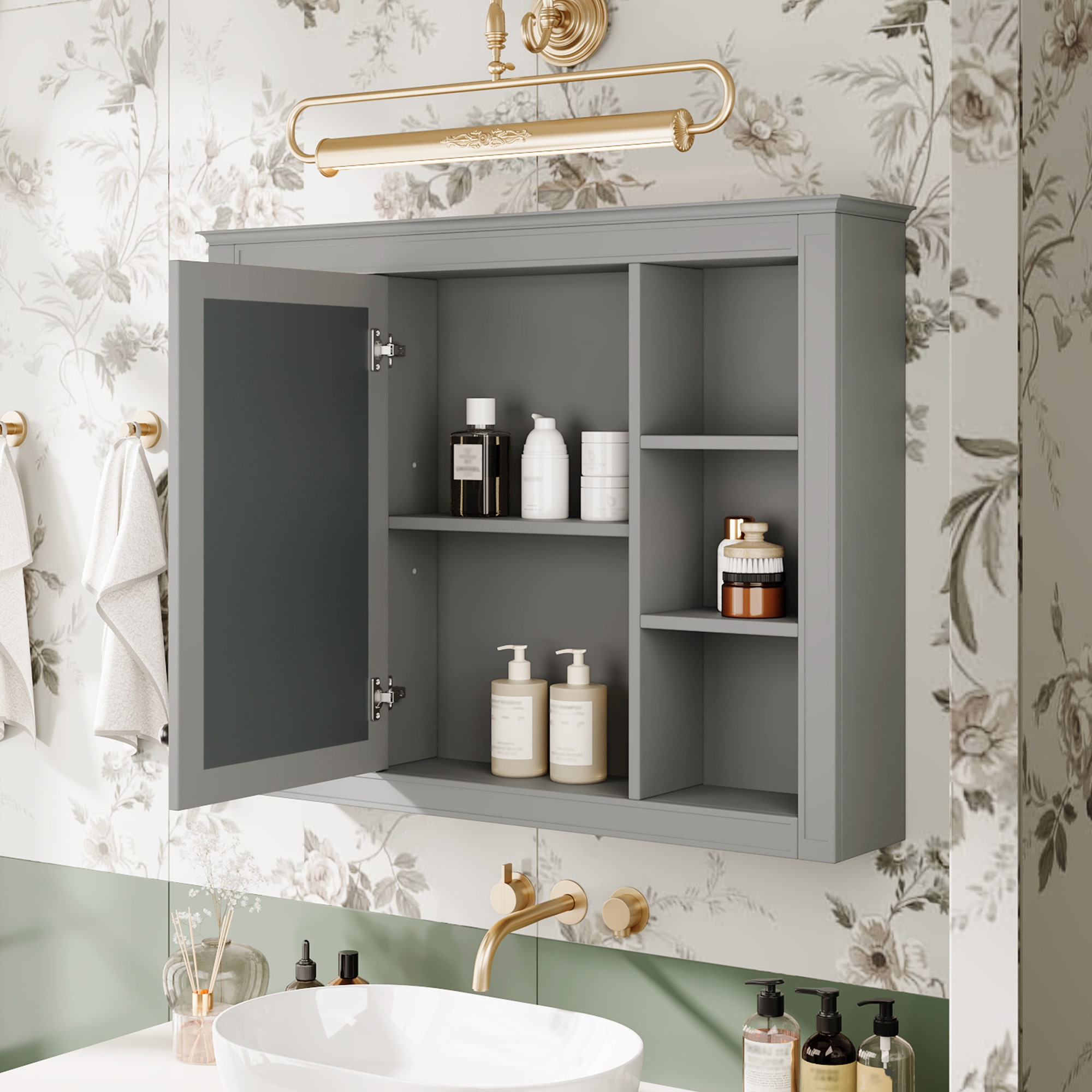 35 X 27.5 Medicine Cabinet, Wall Mounted Bathroom Storage Cabinet, Modern Bathroom Wall Cabinet With Mirror, Mirror Cabinet With 6 Open Shelves Not Include Bathroom Vanity view 3