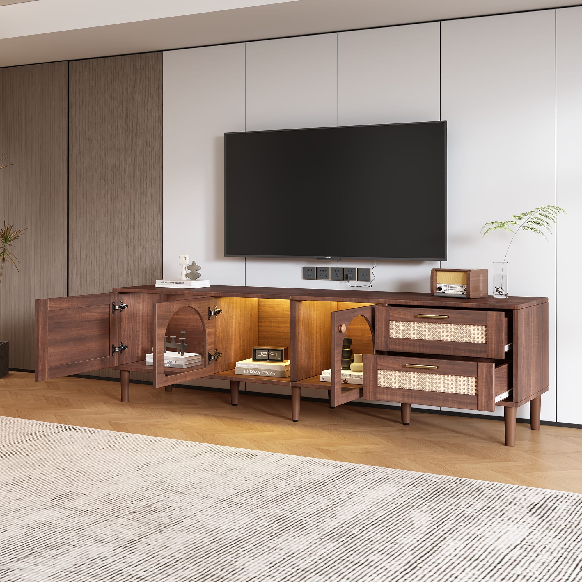 70 Inch TV Stand For TVs Up To 80, Entertainment Center With App Controlled LED Lights, 2 Drawers & Glass Door Storage, Modern Media Console For Living Room view 4