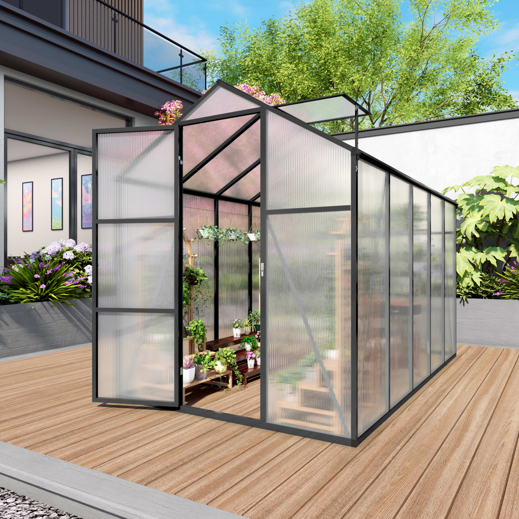 6x10FT Walk-in Outdoor Greenhouse - Polycarbonate Garden Greenhouse With Sturdy Aluminum Frame, Adjustable Vents, Lockable Door & UV Protection For Backyard view 2