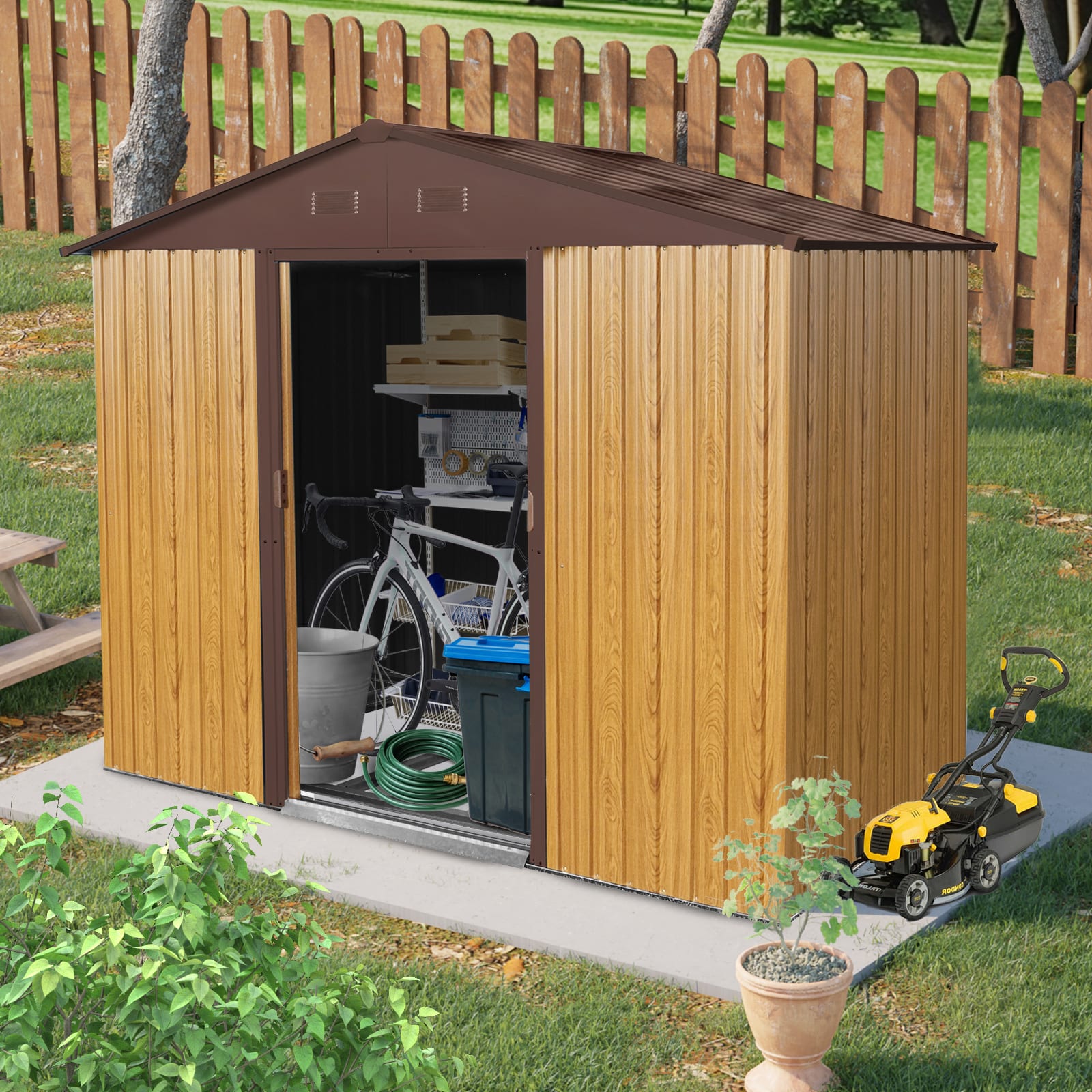 8ft X 4ft Outdoor Metal Storage Shed With Sliding Door And Foundation For Backyard, Patio, Lawn  Coffee view 4