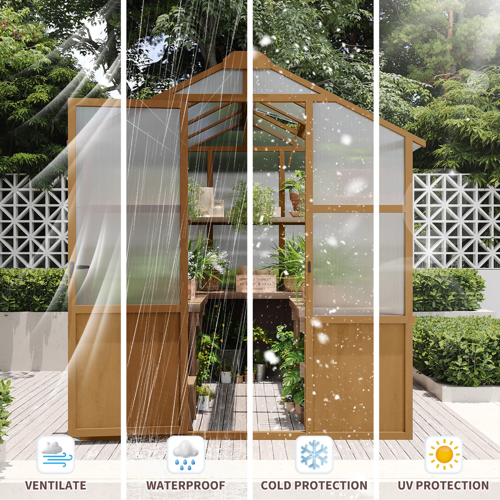 6x8 FT Greenhouse, Wooden Walk-in Greenhouse For Outdoors With 6MM Thick Polycarbonate Panel And Adjustable Roof Vents, Garden Backyard, Patio, Lawn, Wood Colour view 3