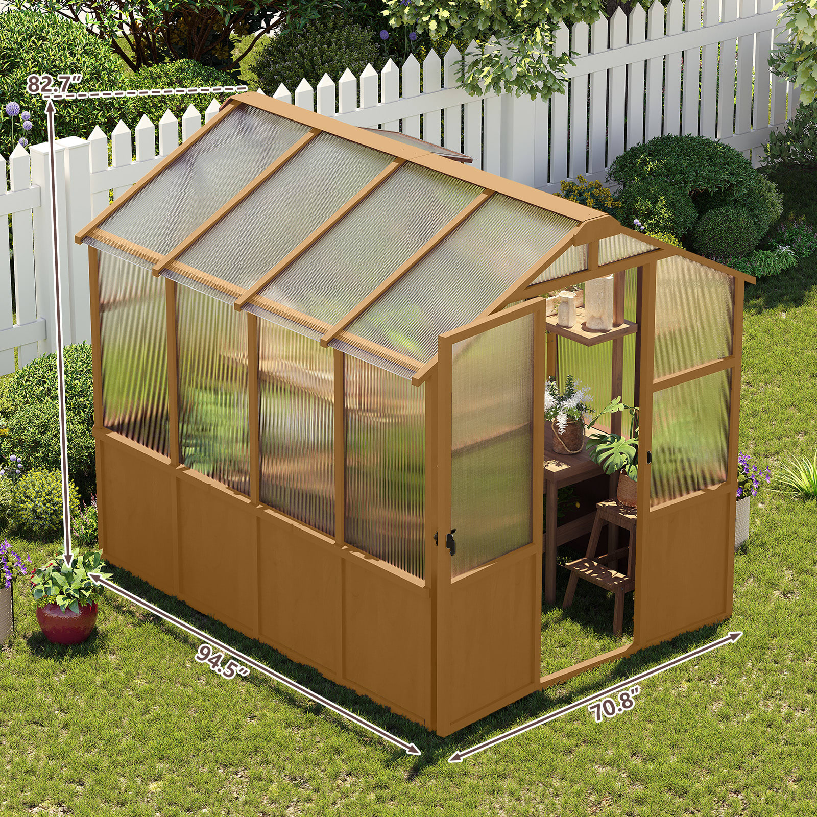 6x8 FT Greenhouse, Wooden Walk-in Greenhouse For Outdoors With 6MM Thick Polycarbonate Panel And Adjustable Roof Vents, Garden Backyard, Patio, Lawn, Wood Colour view 5