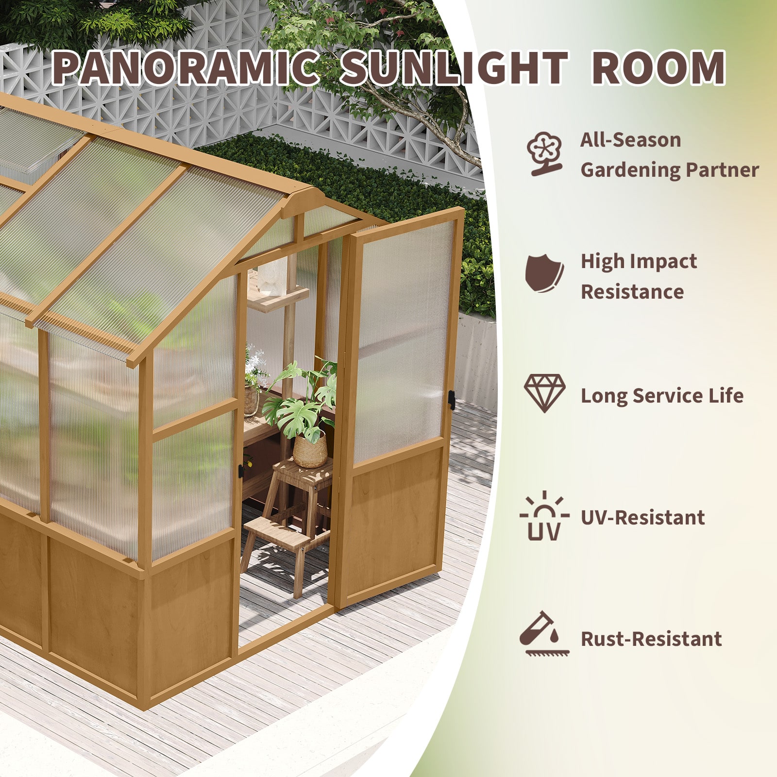 6x8 FT Greenhouse, Wooden Walk-in Greenhouse For Outdoors With 6MM Thick Polycarbonate Panel And Adjustable Roof Vents, Garden Backyard, Patio, Lawn, Wood Colour view 4