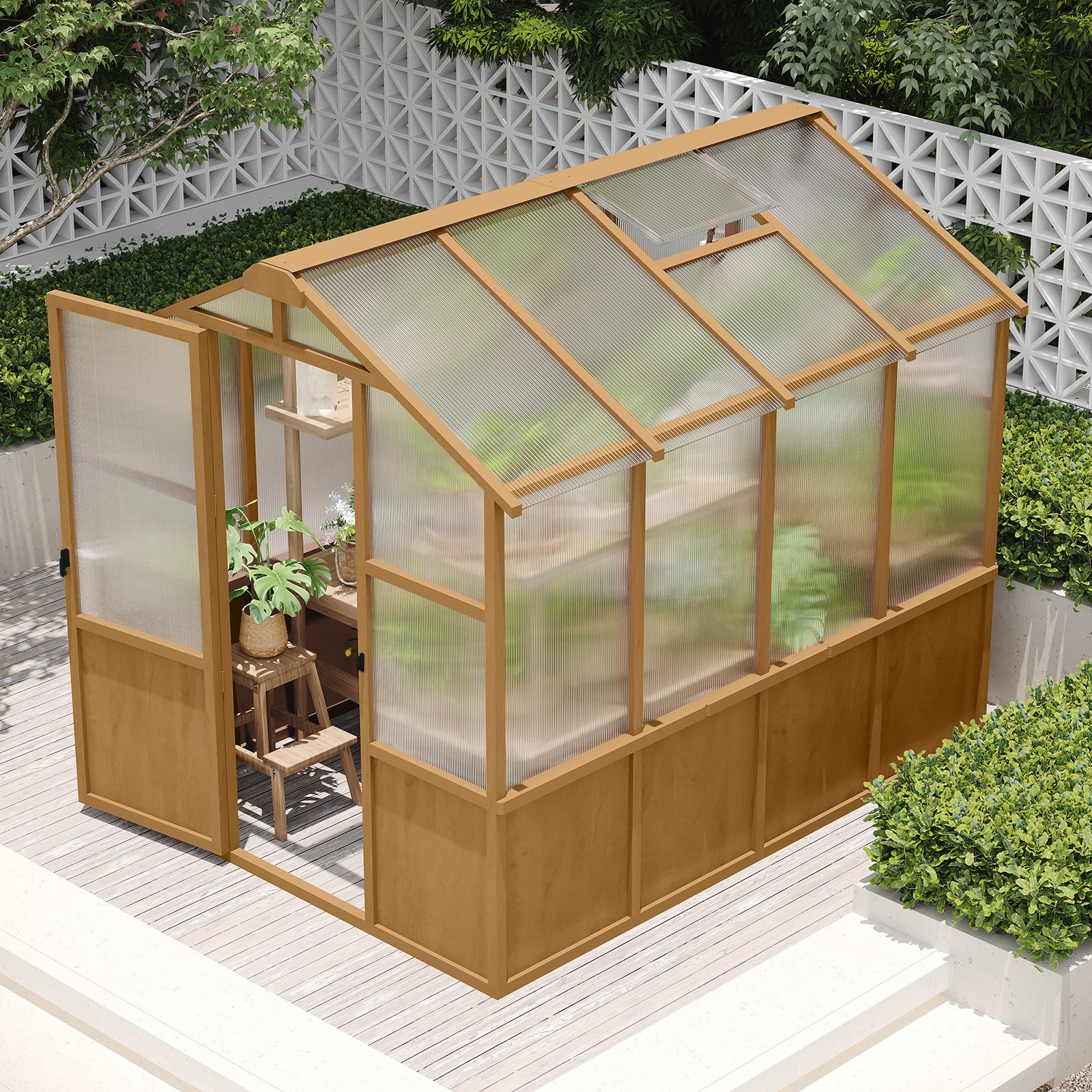 6x8 FT Greenhouse, Wooden Walk-in Greenhouse For Outdoors With 6MM Thick Polycarbonate Panel And Adjustable Roof Vents, Garden Backyard, Patio, Lawn, Wood Colour view 1