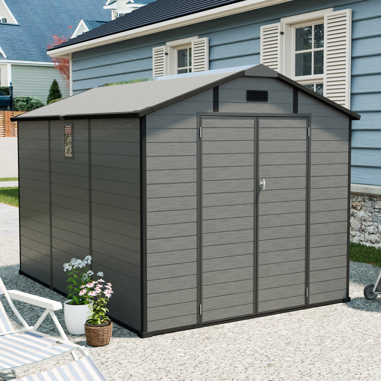 8x10 FT Plastic Outdoor Storage Shed - Lockable Resin Tool Shed With Window & Floor, Dark Gray view 1