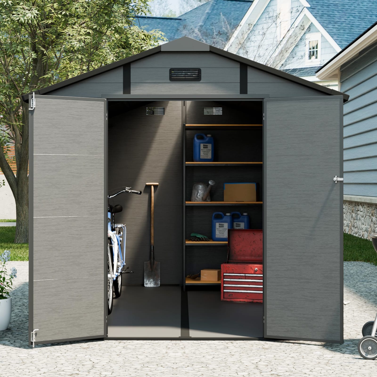 8x10 FT Plastic Outdoor Storage Shed - Lockable Resin Tool Shed With Window & Floor, Dark Gray view 5