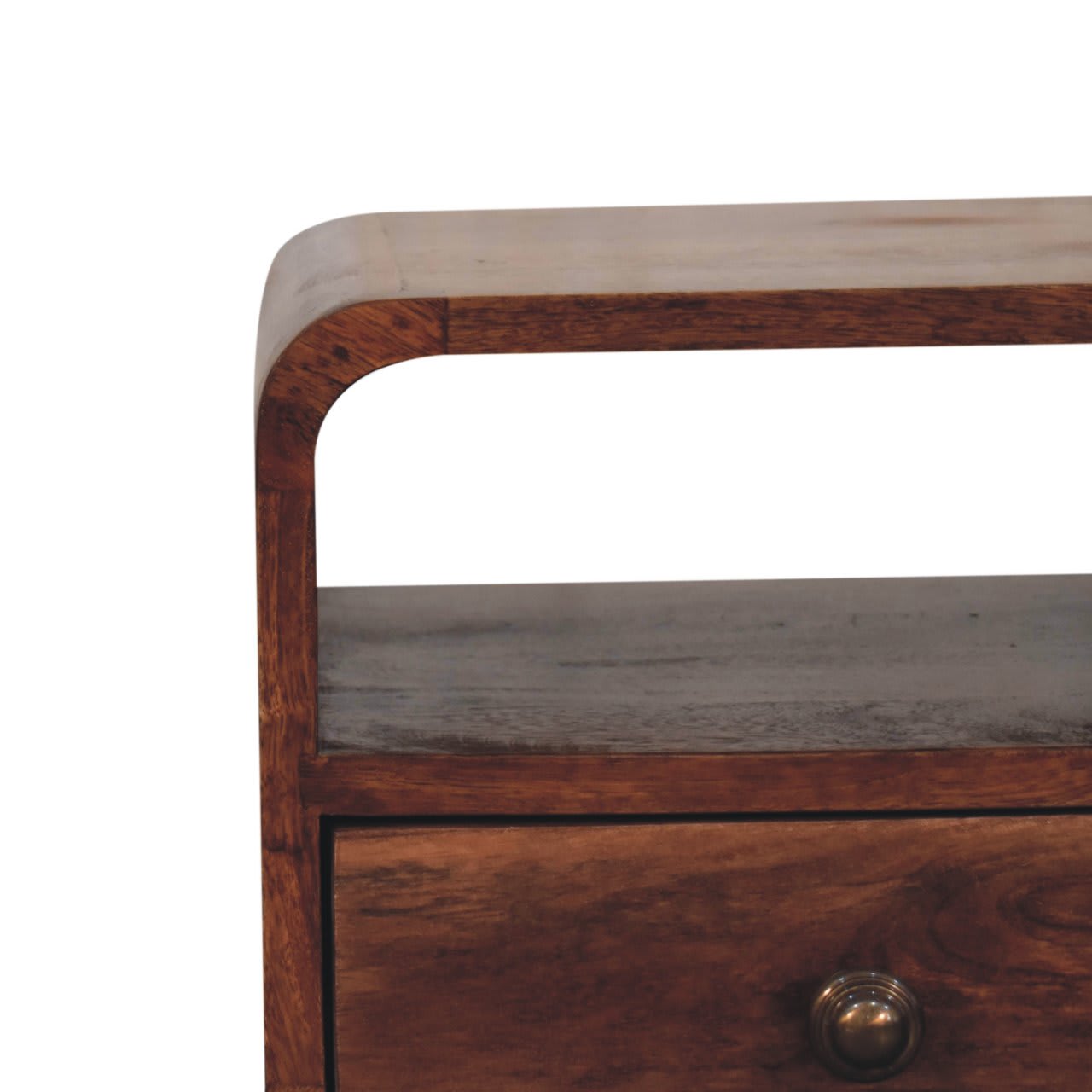 Solid Wood Mini Honey Caramel Curved Bedside With Open Slot, 1 Drawer, Dark Brown view 1