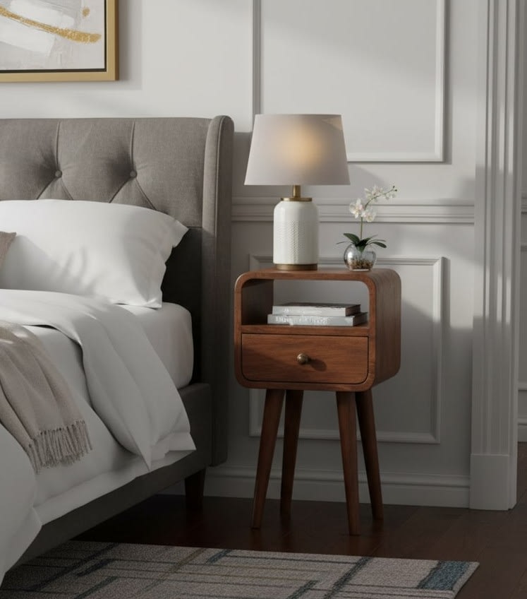 Solid Wood Mini Honey Caramel Curved Bedside With Open Slot, 1 Drawer, Dark Brown view 2