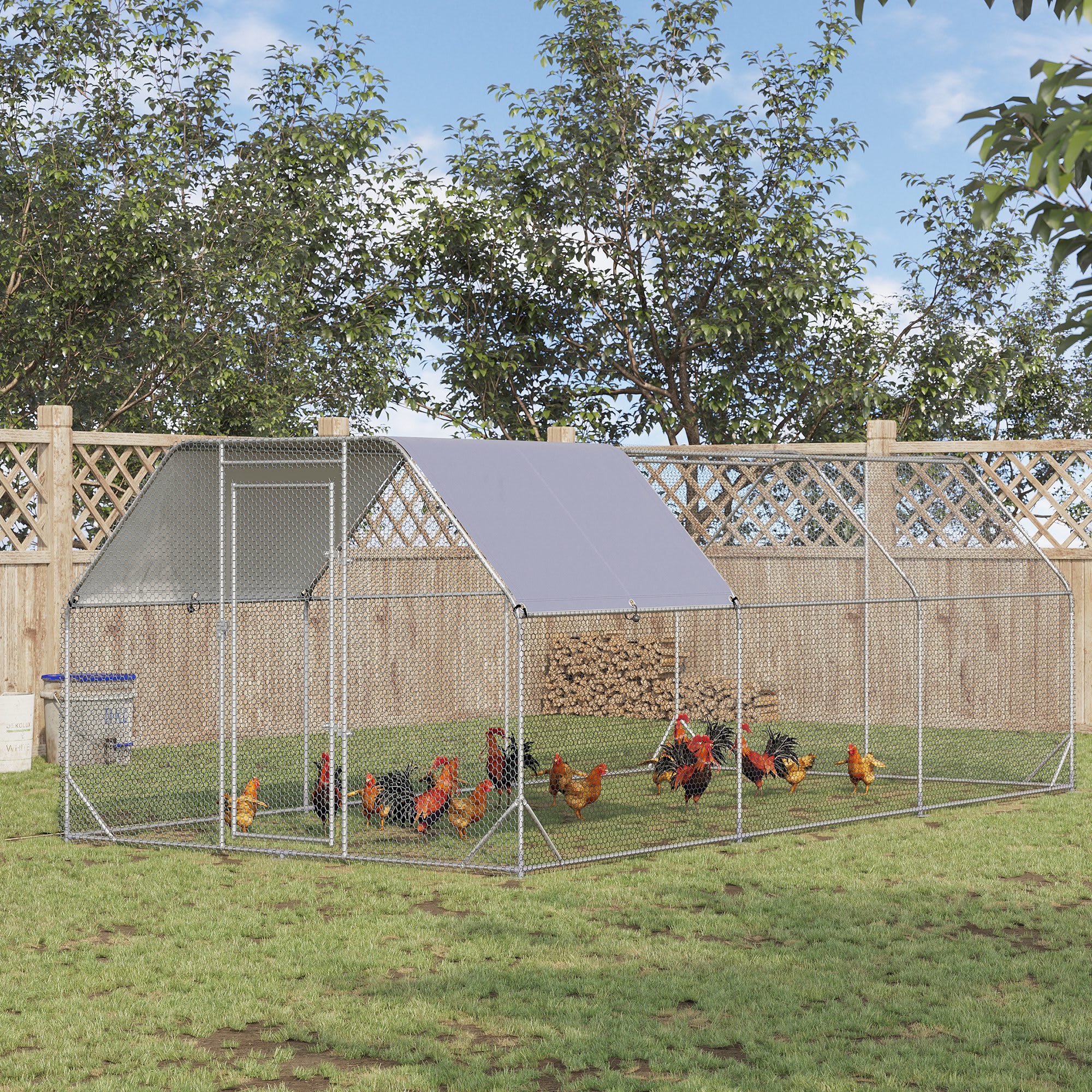 PawHut Large Chicken Coop Metal Chicken Run With Waterproof And Anti-UV Cover, Flat Shaped Walk In Fence Cage Hen House For Outdoor And Yard Farm Use, 1 Tube Diameter, 9.2 X 18.7 X 6.4 view 2
