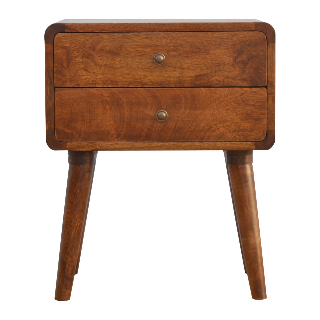 Solid Wood Curved Chestnut Bedside, 2 Drawers, Dark Brown view 2