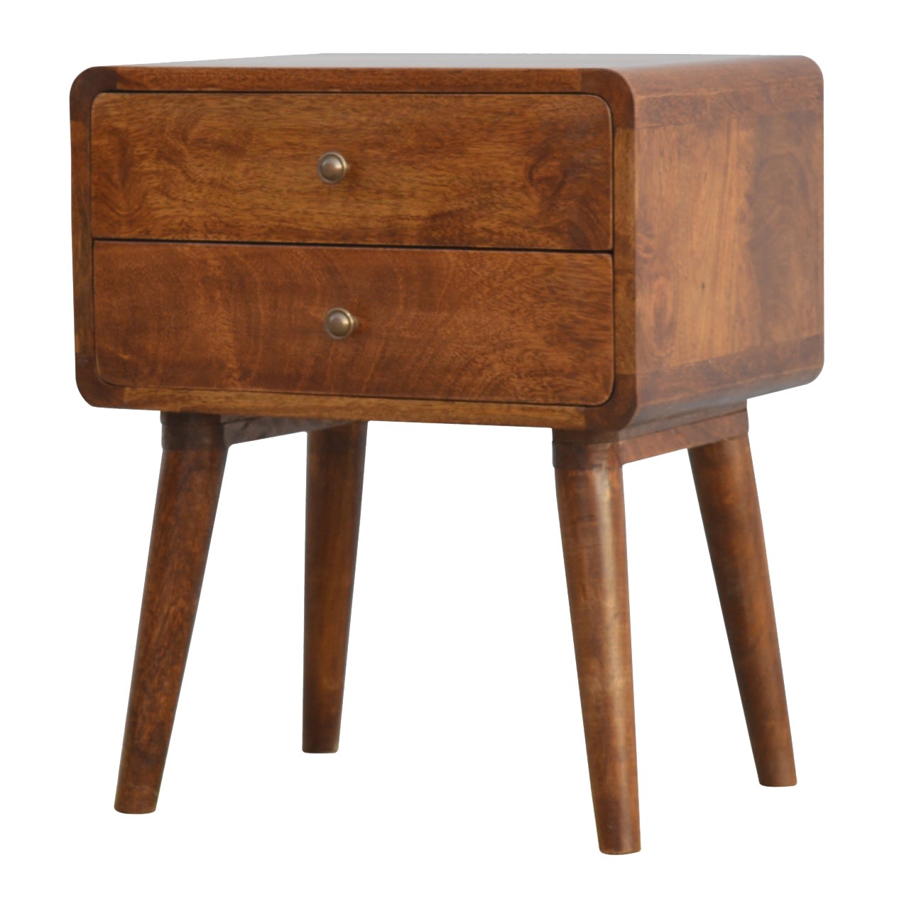 Solid Wood Curved Chestnut Bedside, 2 Drawers, Dark Brown view 3