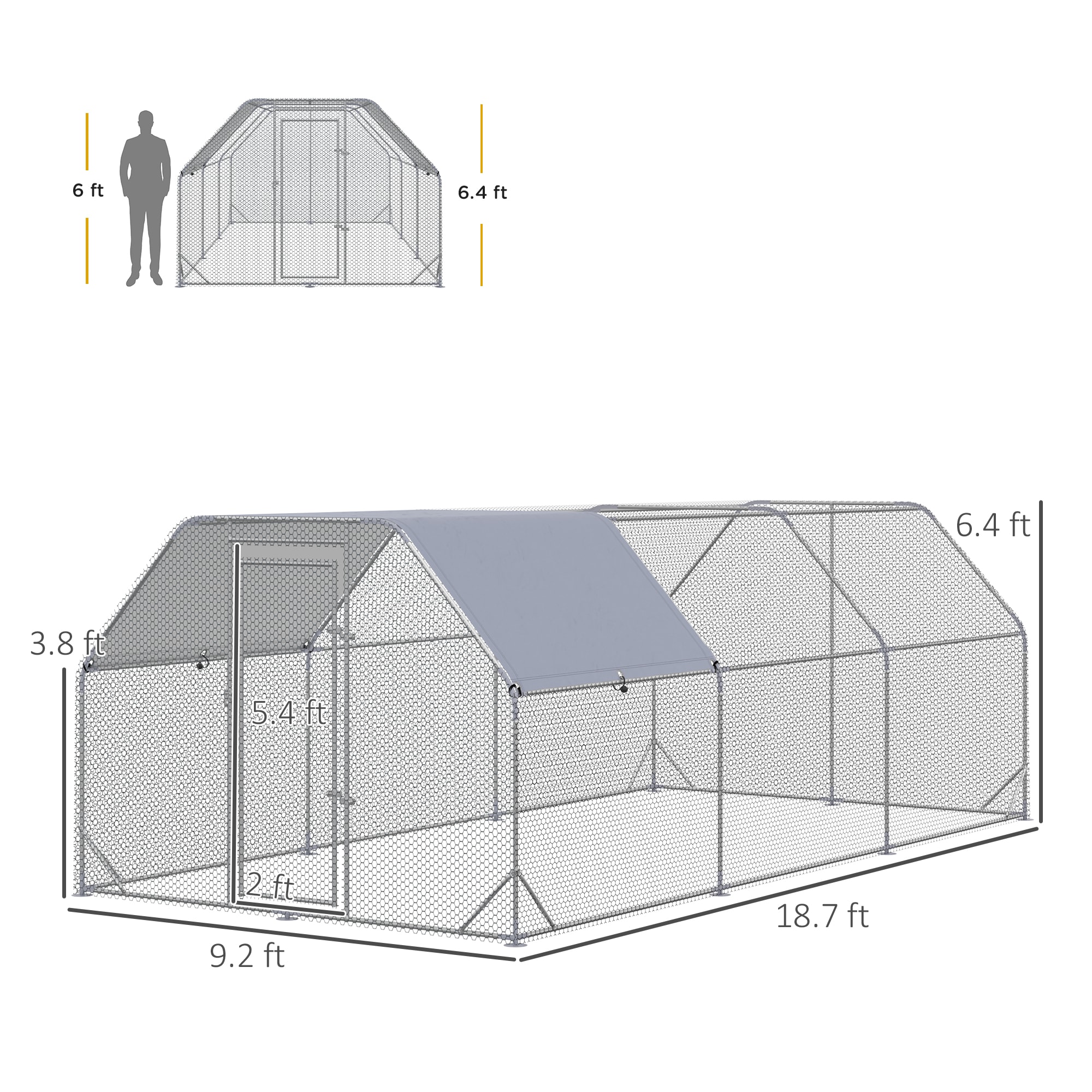 PawHut Large Chicken Coop Metal Chicken Run With Waterproof And Anti-UV Cover, Flat Shaped Walk In Fence Cage Hen House For Outdoor And Yard Farm Use, 1 Tube Diameter, 9.2 X 18.7 X 6.4 view 3