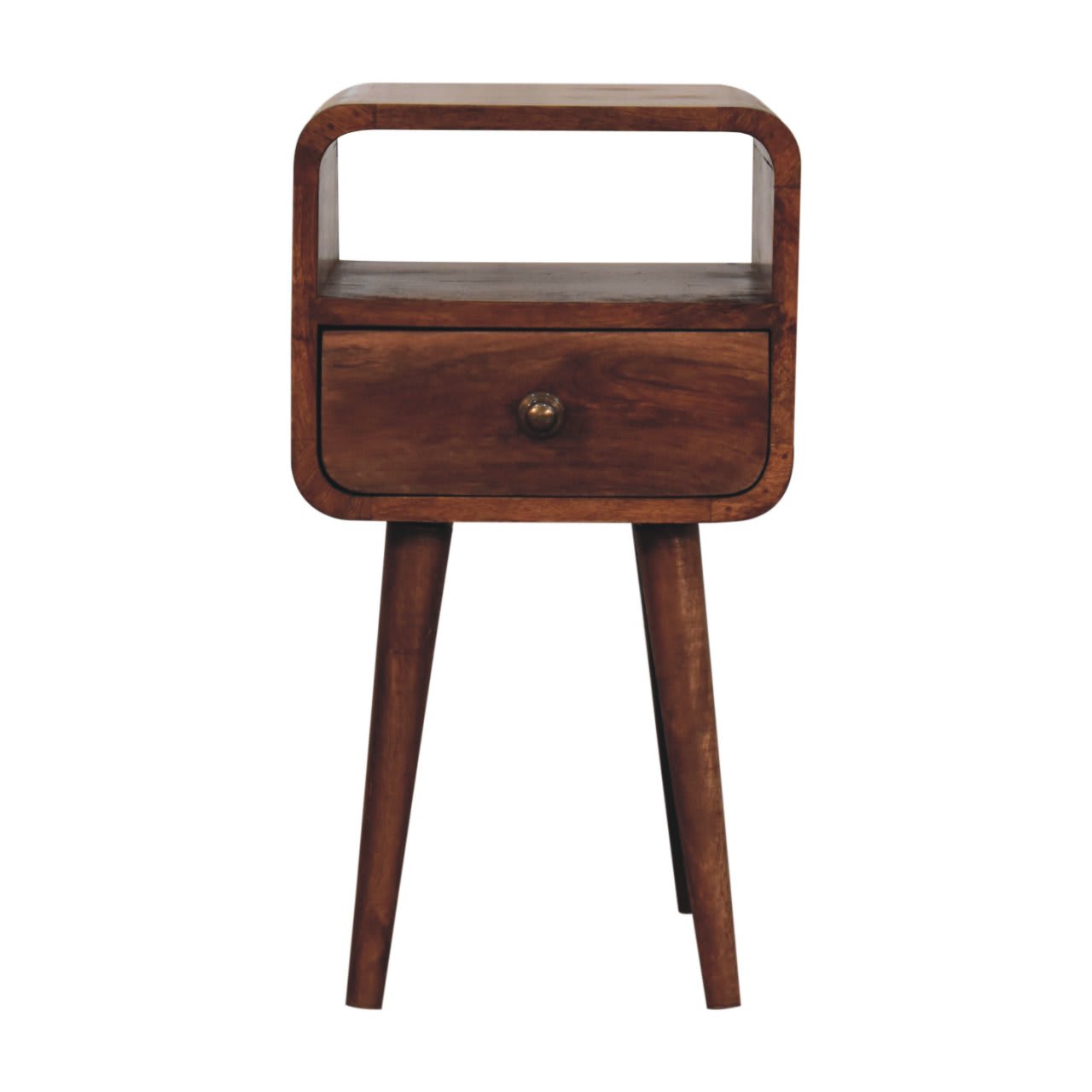 Solid Wood Mini Honey Caramel Curved Bedside With Open Slot, 1 Drawer, Dark Brown view 5