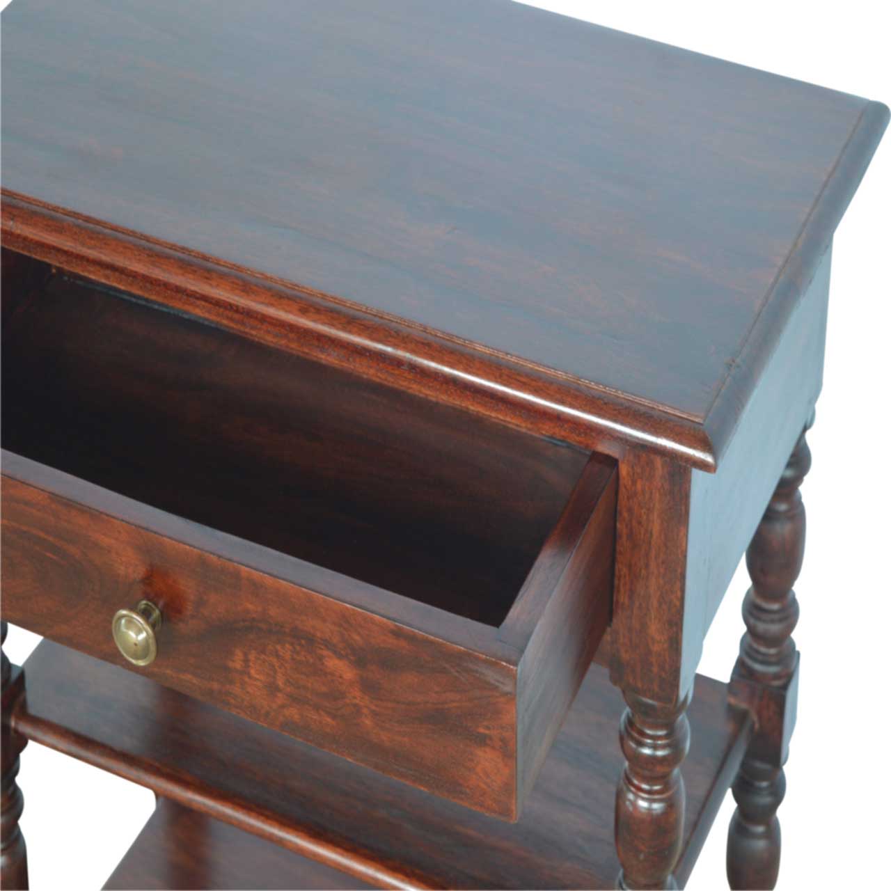 Solid Wood Turned Occasional Table, 1 Drawer,2 Big Shelves, Dark Brown view 4