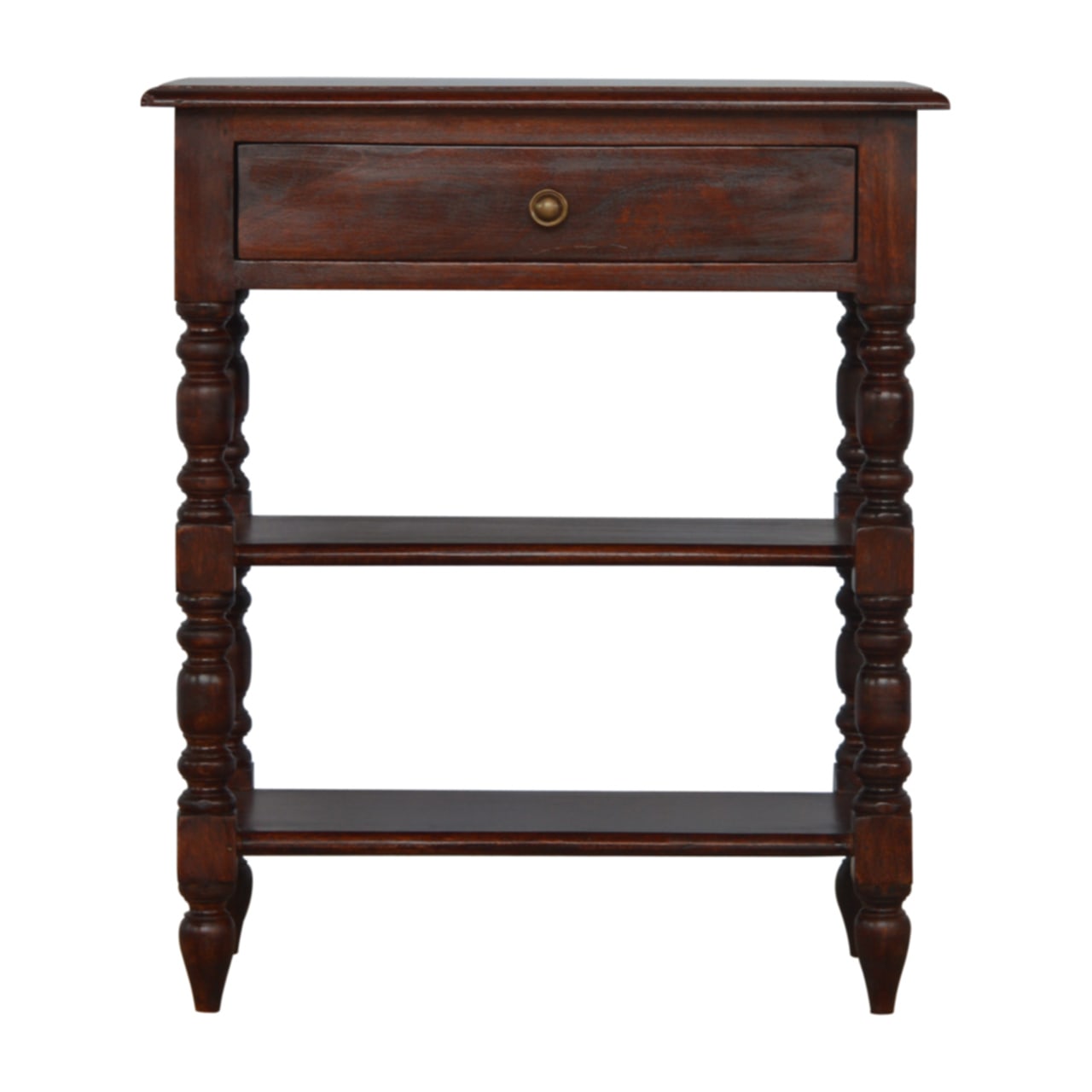 Solid Wood Turned Occasional Table, 1 Drawer,2 Big Shelves, Dark Brown view 1