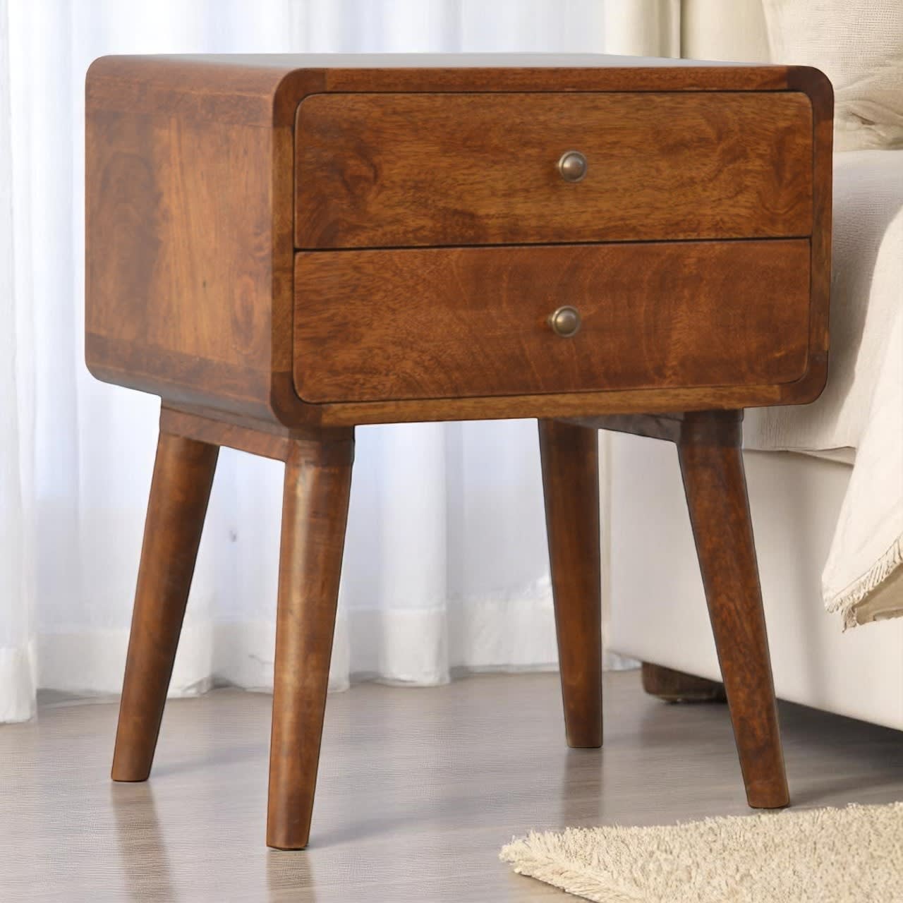 Solid Wood Curved Chestnut Bedside, 2 Drawers, Dark Brown view 5