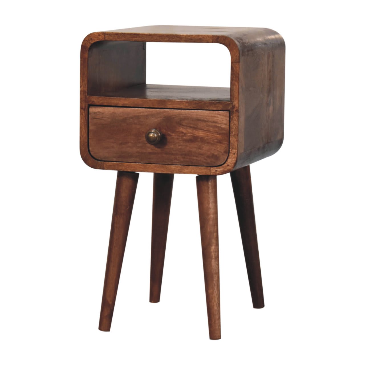 Solid Wood Mini Honey Caramel Curved Bedside With Open Slot, 1 Drawer, Dark Brown view 3