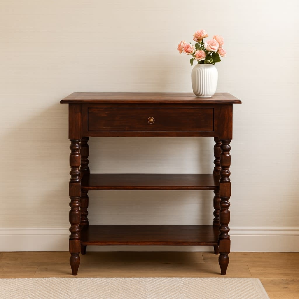Solid Wood Turned Occasional Table, 1 Drawer,2 Big Shelves, Dark Brown view 2