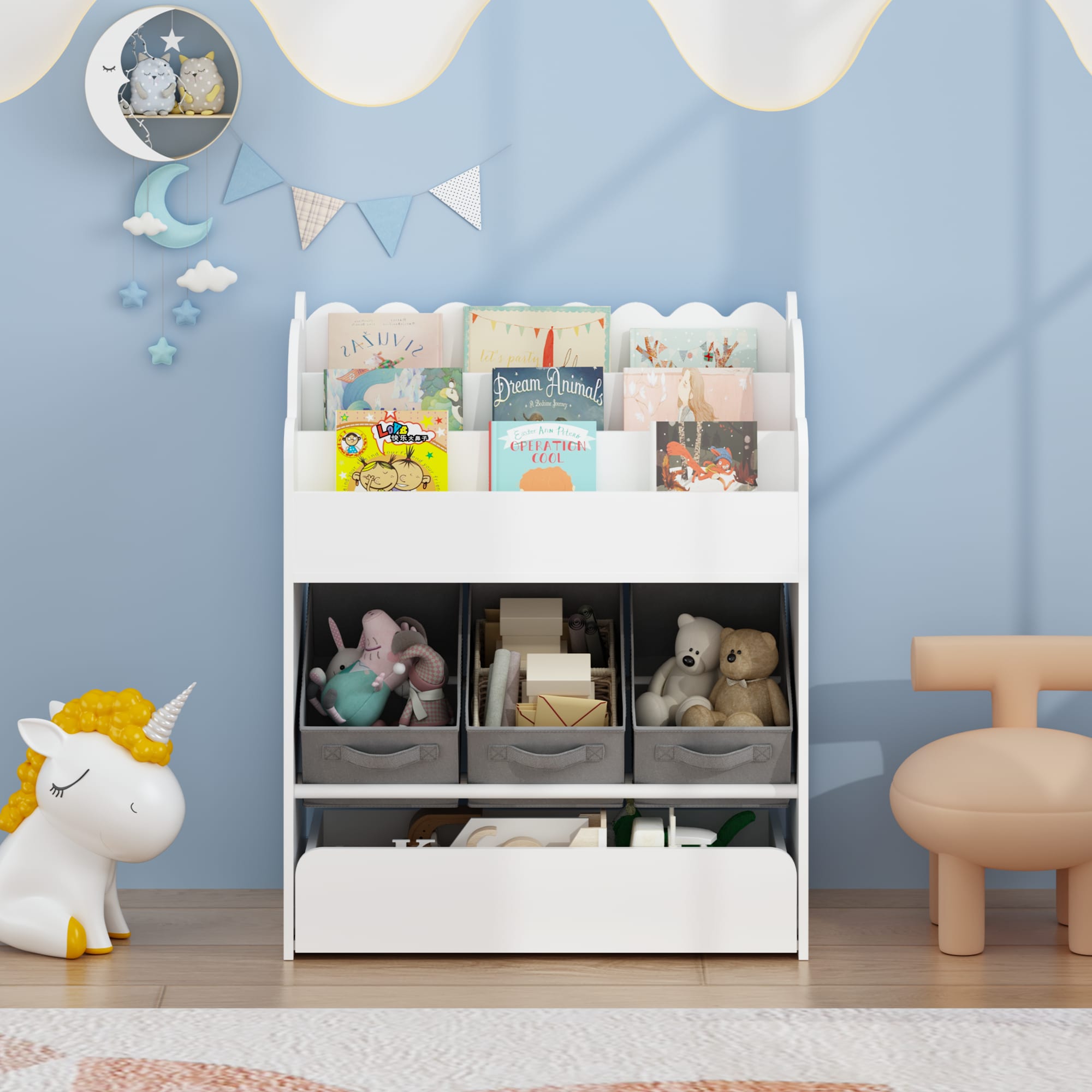 Kids Bookshelf With Storage Bins And Drawer, Multi-Functional Wooden Book Organizer For Toddlers, White Bookcase For Toys, Books And Nursery Room view 5