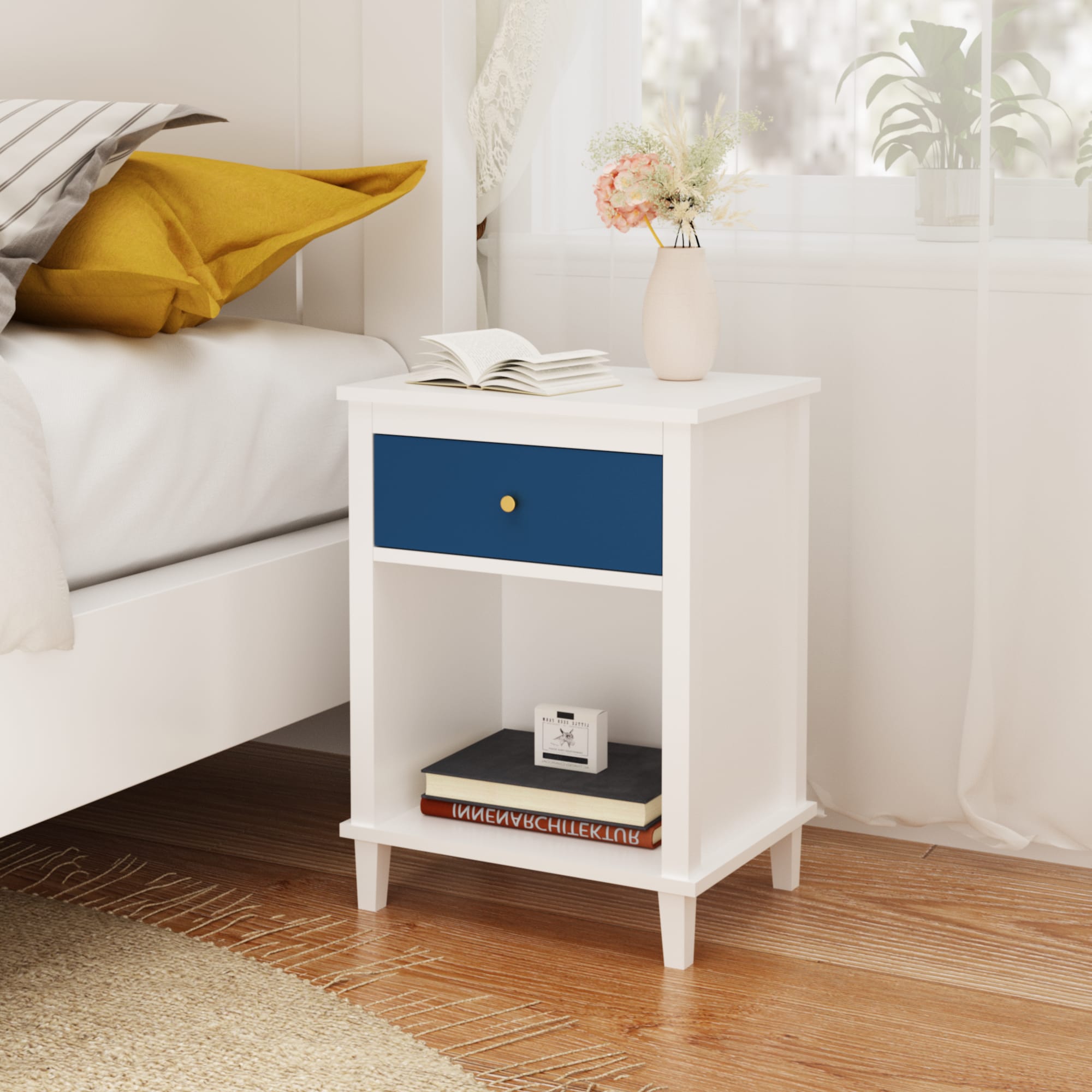 26.77'H Wooden Nightstand With One Drawer One Shelf For Kids, Adults, Navy Golden Handle view 5