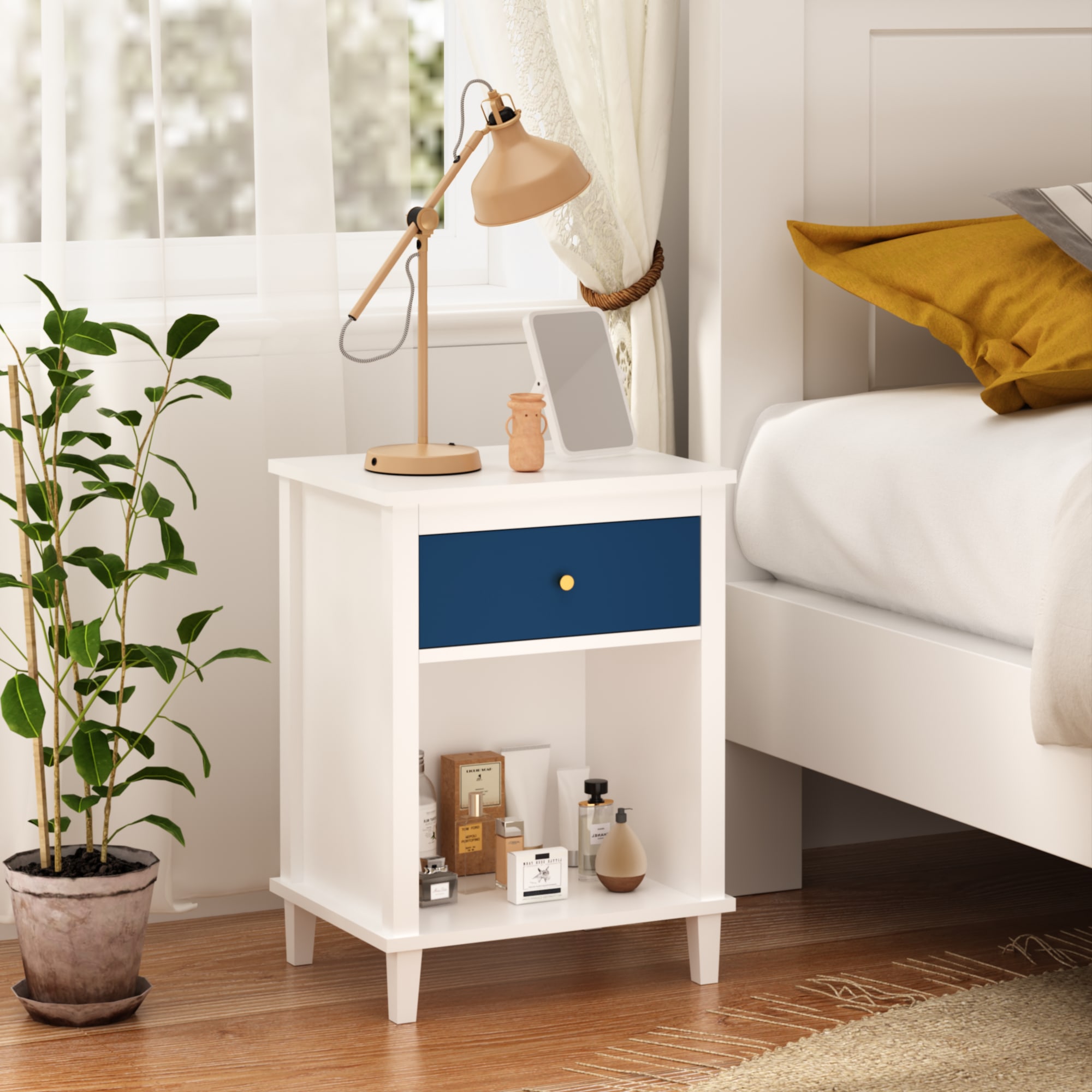 26.77'H Wooden Nightstand With One Drawer One Shelf For Kids, Adults, Navy Golden Handle view 4
