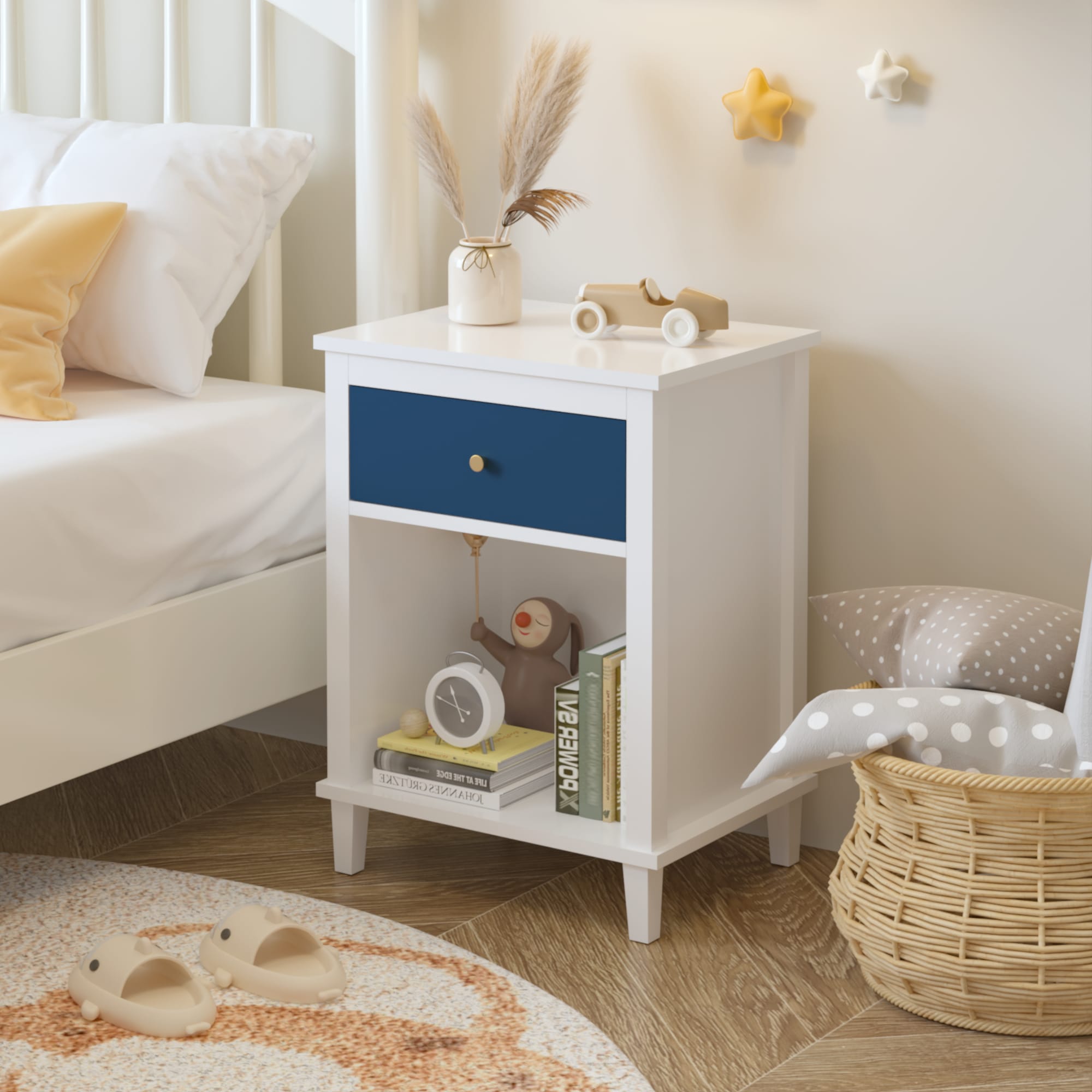 26.77'H Wooden Nightstand With One Drawer One Shelf For Kids, Adults, Navy Golden Handle view 3