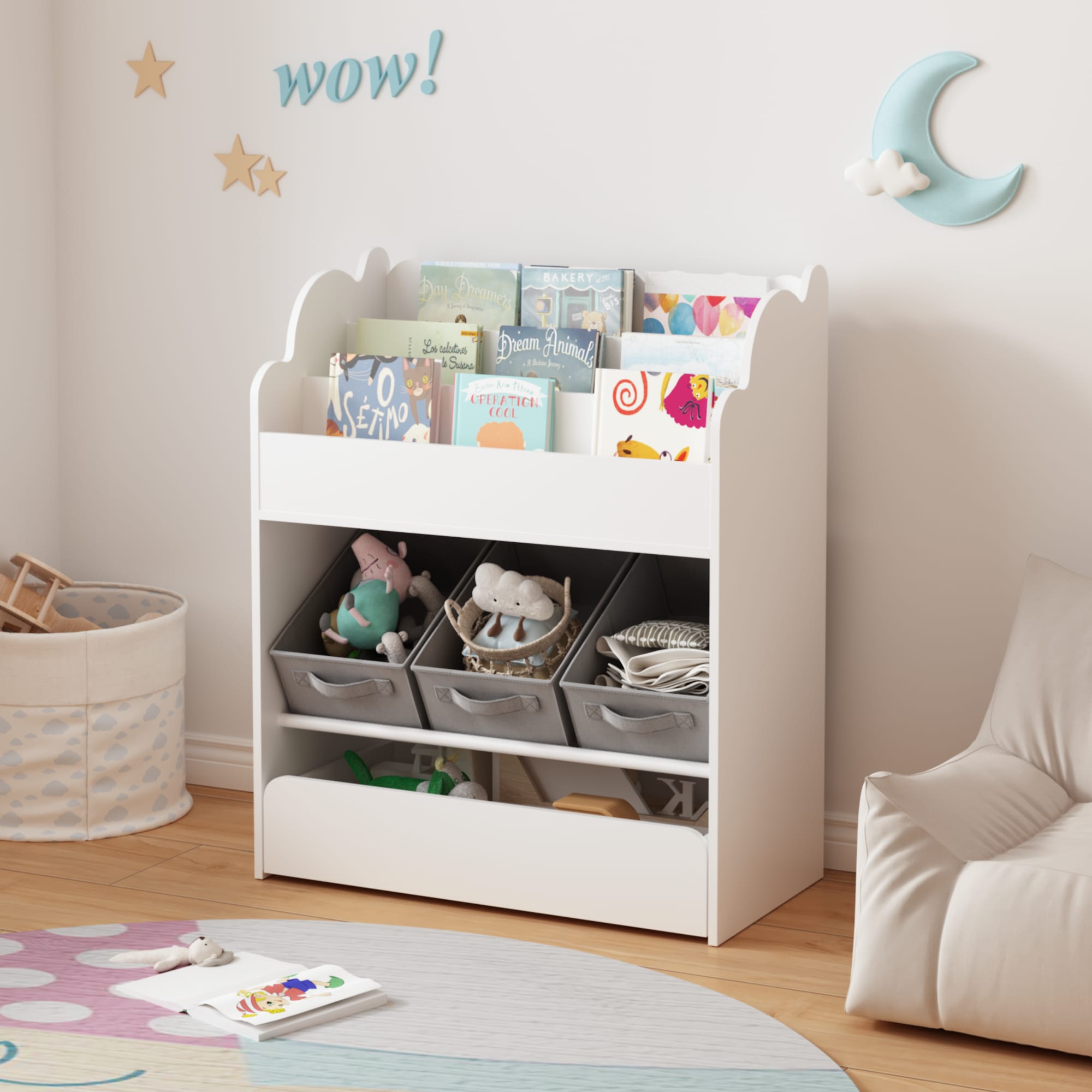 Kids Bookshelf With Storage Bins And Drawer, Multi-Functional Wooden Book Organizer For Toddlers, White Bookcase For Toys, Books And Nursery Room view 4
