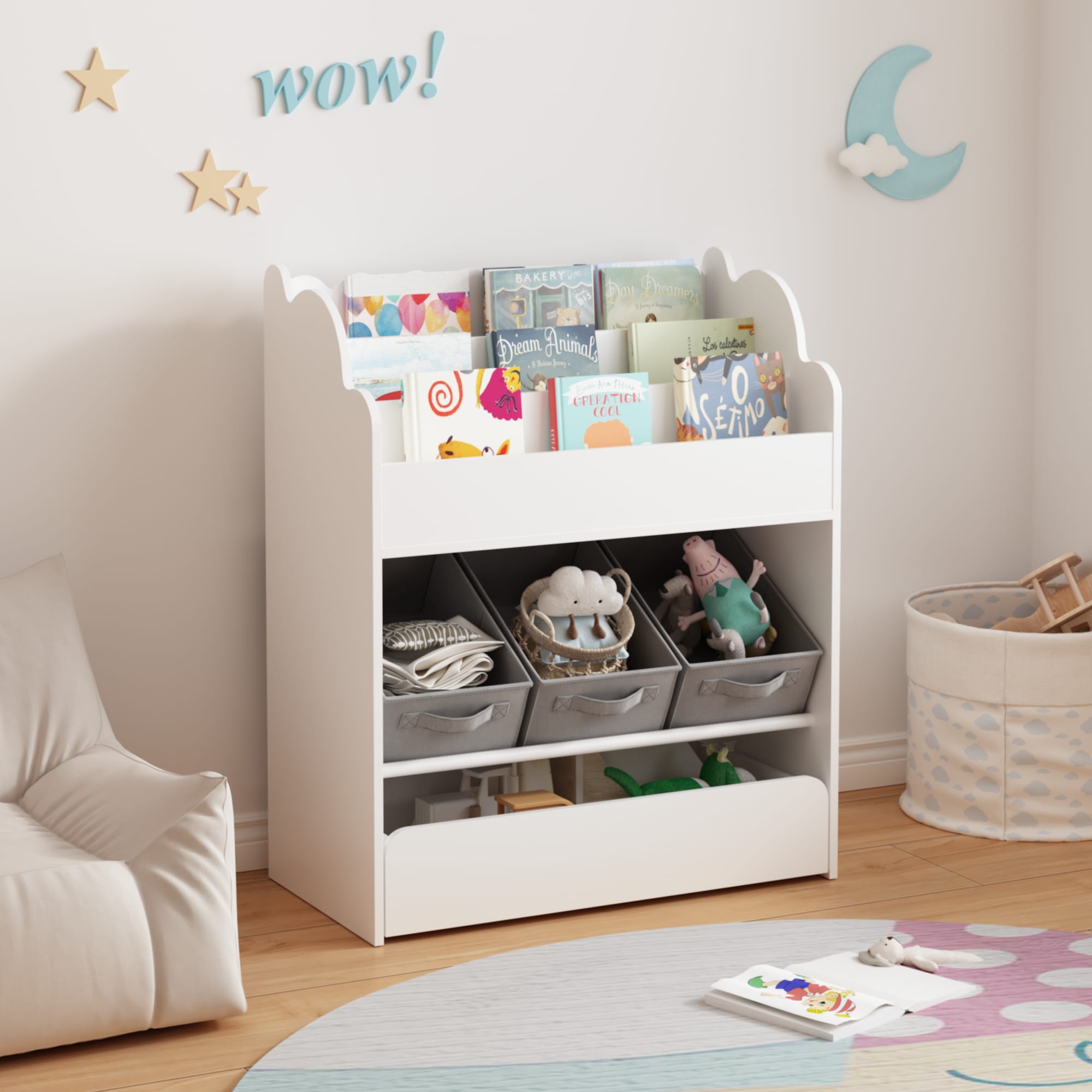 Kids Bookshelf With Storage Bins And Drawer, Multi-Functional Wooden Book Organizer For Toddlers, White Bookcase For Toys, Books And Nursery Room view 3