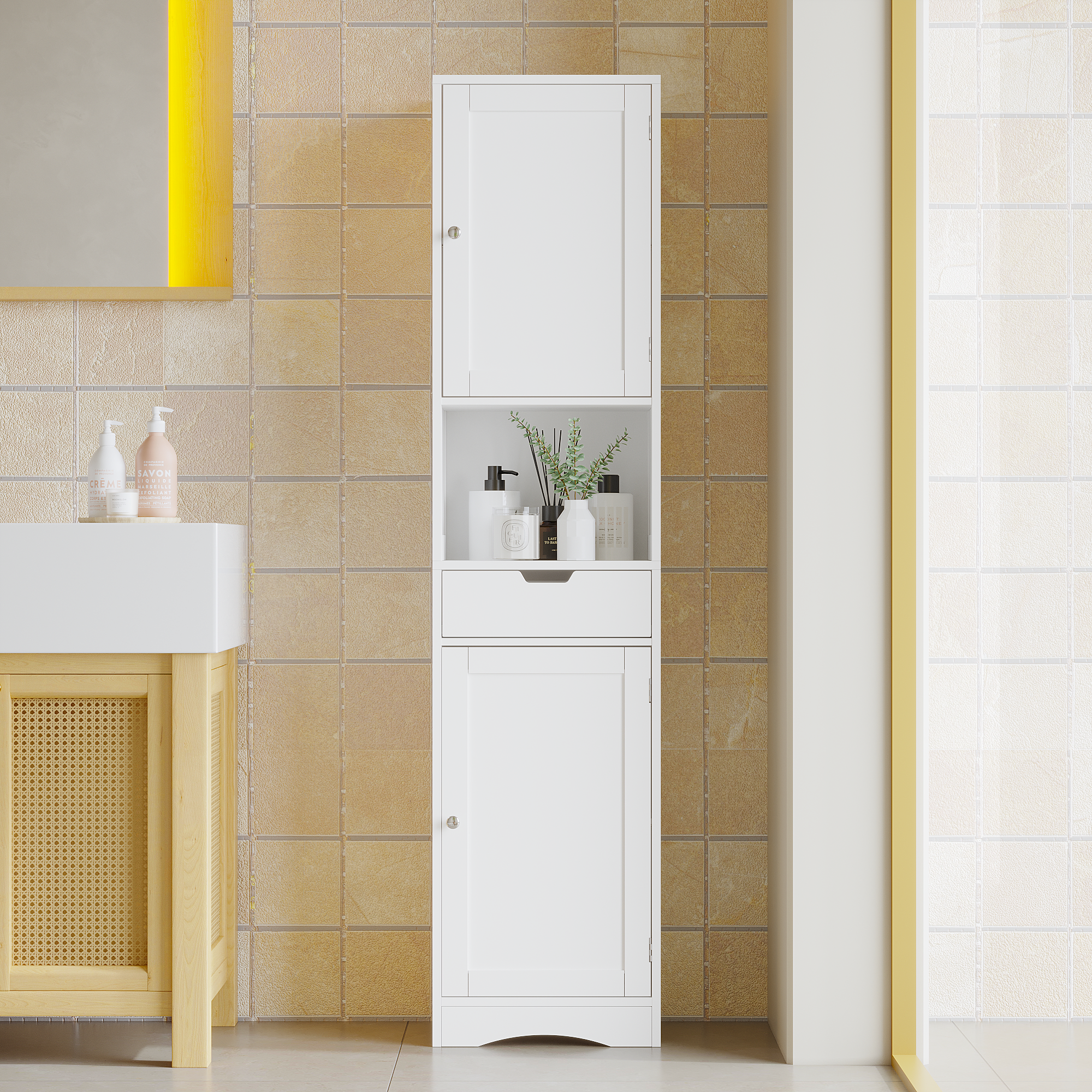 67 Tall Bathroom Cabinet, Storage Cabinet With 2 Doors & 1 Drawer, Narrow Bathroom Storage Cabinets With Adjustable Shelves, Bathroom Floor Organizer For Living Room, Entryway, Home Office, White