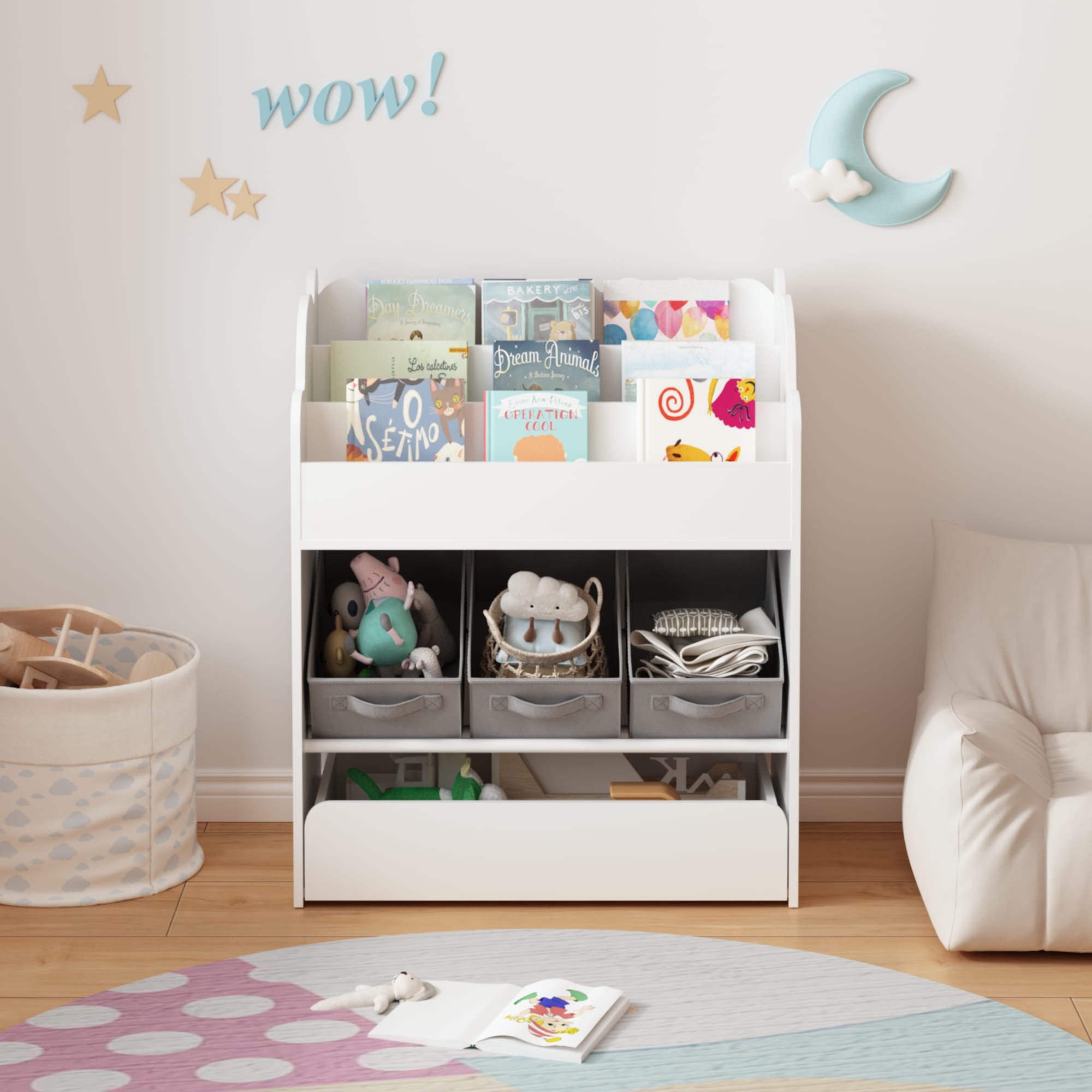 Kids Bookshelf With Storage Bins And Drawer, Multi-Functional Wooden Book Organizer For Toddlers, White Bookcase For Toys, Books And Nursery Room view 2