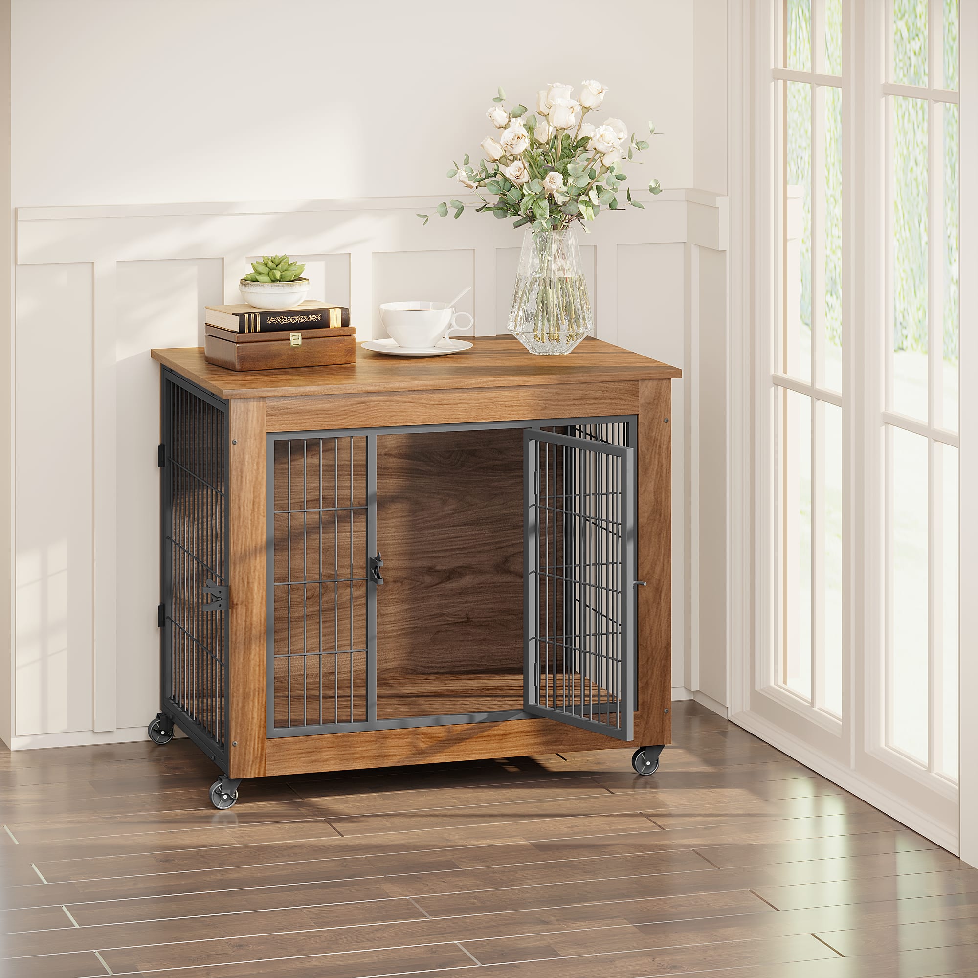 32.5 Dog Crate Furniture With Wheels For Small Dogs, Heavy Duty Dog Kennel Indoor With 2 Doors, Wooden Pet Cage End Table, Double-Doors Sturdy Metal Dog Cage For Anxiety Dog view 1