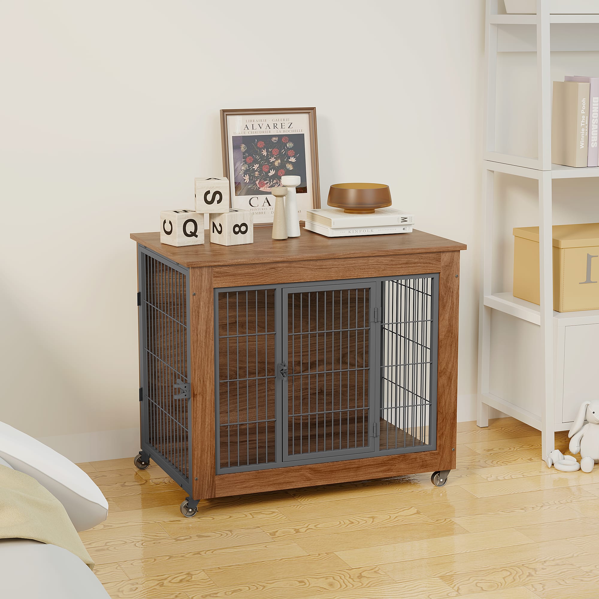 32.5 Dog Crate Furniture With Wheels For Small Dogs, Heavy Duty Dog Kennel Indoor With 2 Doors, Wooden Pet Cage End Table, Double-Doors Sturdy Metal Dog Cage For Anxiety Dog view 3