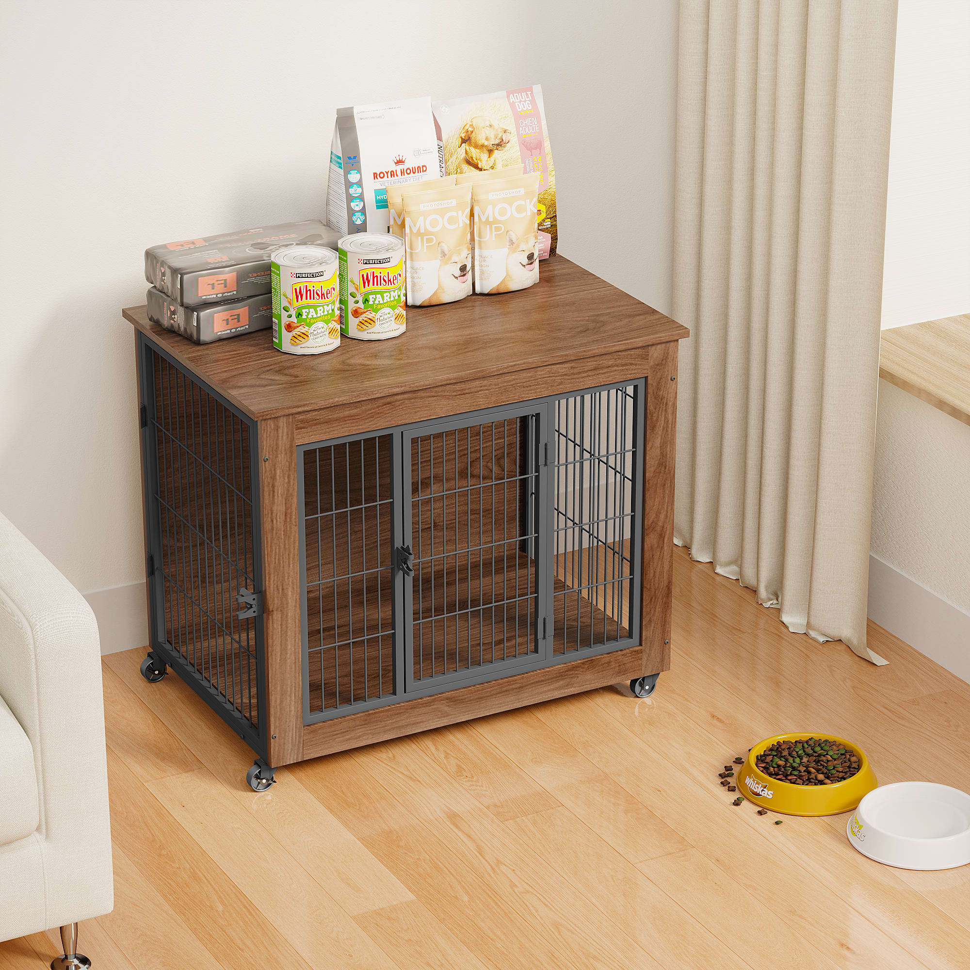 32.5 Dog Crate Furniture With Wheels For Small Dogs, Heavy Duty Dog Kennel Indoor With 2 Doors, Wooden Pet Cage End Table, Double-Doors Sturdy Metal Dog Cage For Anxiety Dog view 2