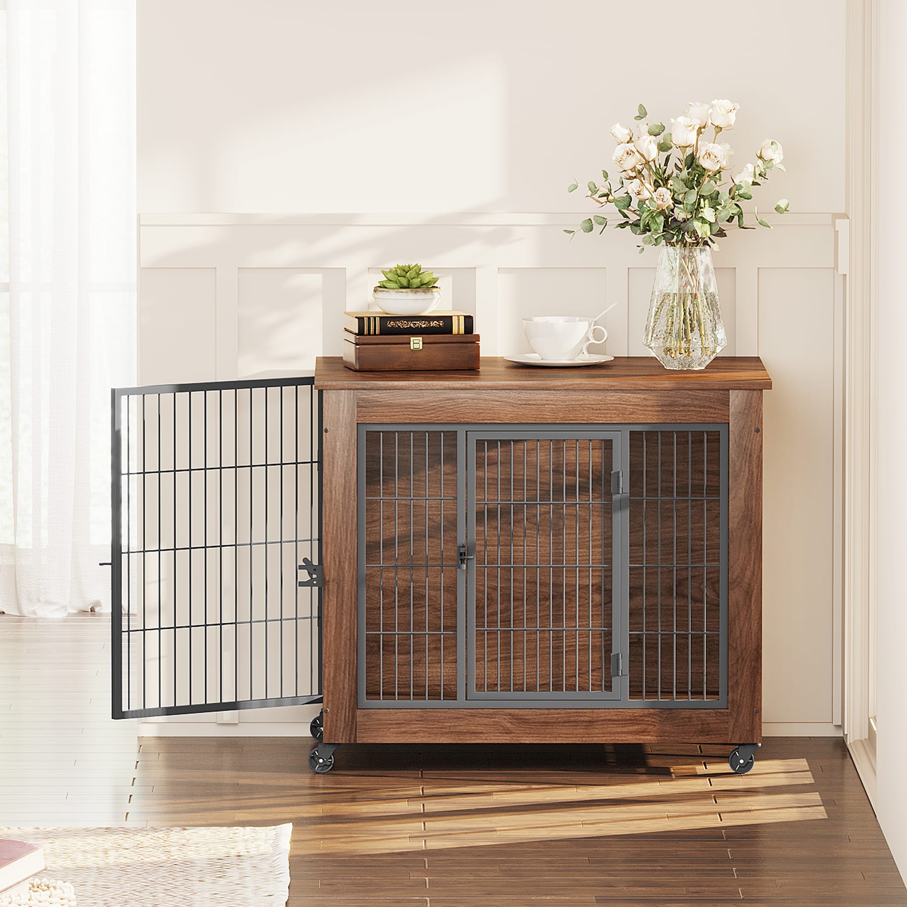 32.5 Dog Crate Furniture With Wheels For Small Dogs, Heavy Duty Dog Kennel Indoor With 2 Doors, Wooden Pet Cage End Table, Double-Doors Sturdy Metal Dog Cage For Anxiety Dog view 5