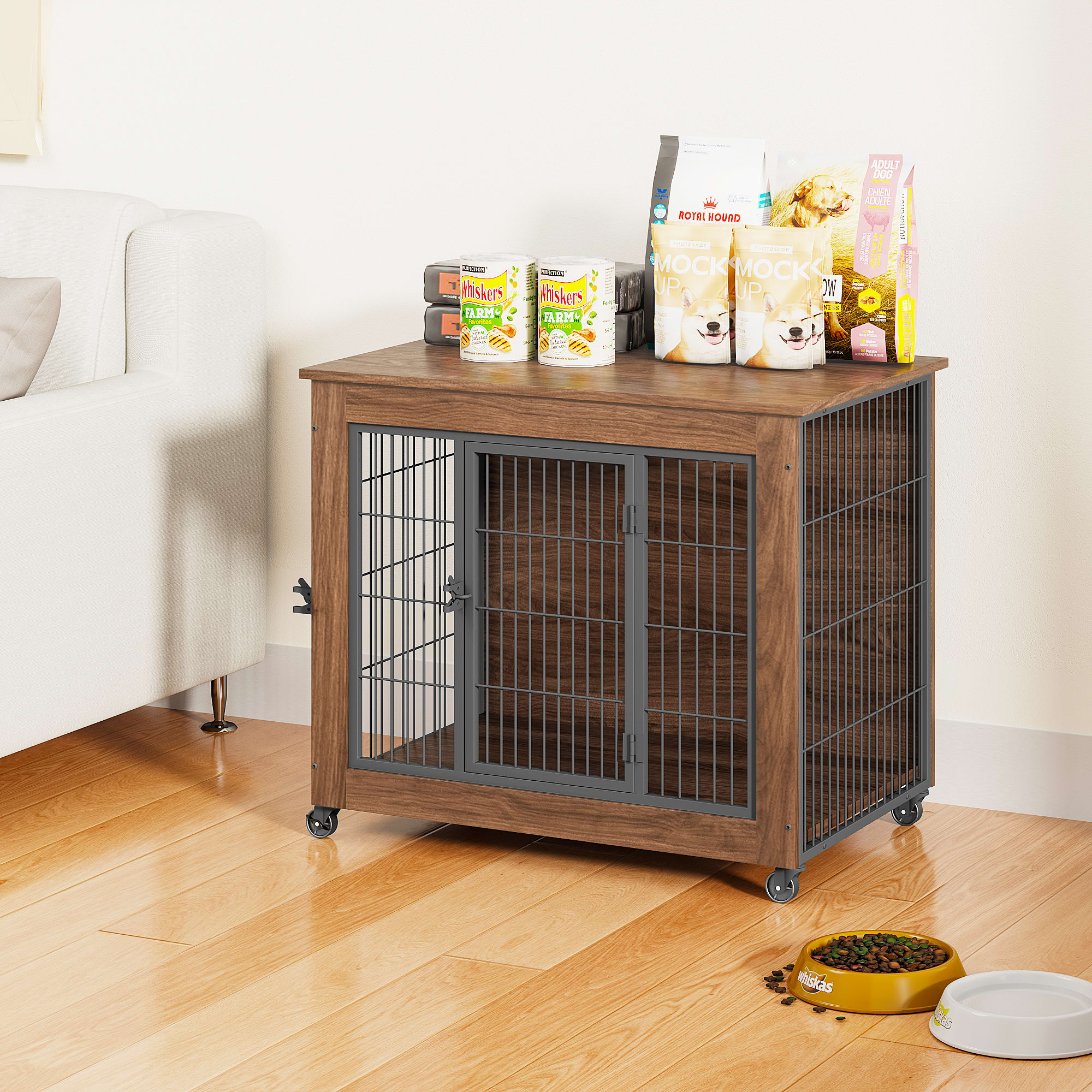 32.5 Dog Crate Furniture With Wheels For Small Dogs, Heavy Duty Dog Kennel Indoor With 2 Doors, Wooden Pet Cage End Table, Double-Doors Sturdy Metal Dog Cage For Anxiety Dog view 4