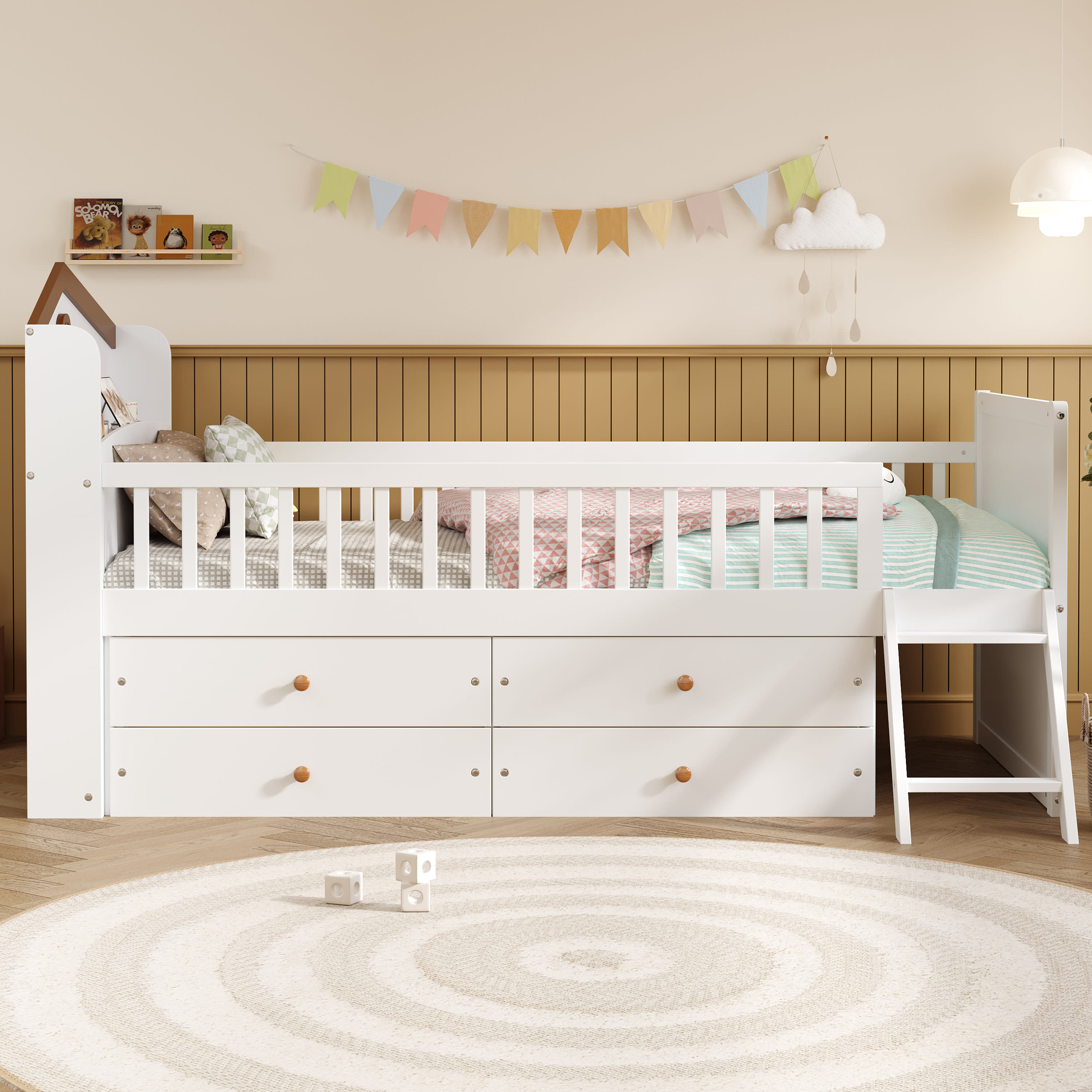 Twin Bed Frame With Storage 4 Drawers,Wooden Bed Frame For Kids,Platform Twin Size Bed With Guardrail Headboard And Ladder, No Box Spring Needed, Easy Assembly, White view 2