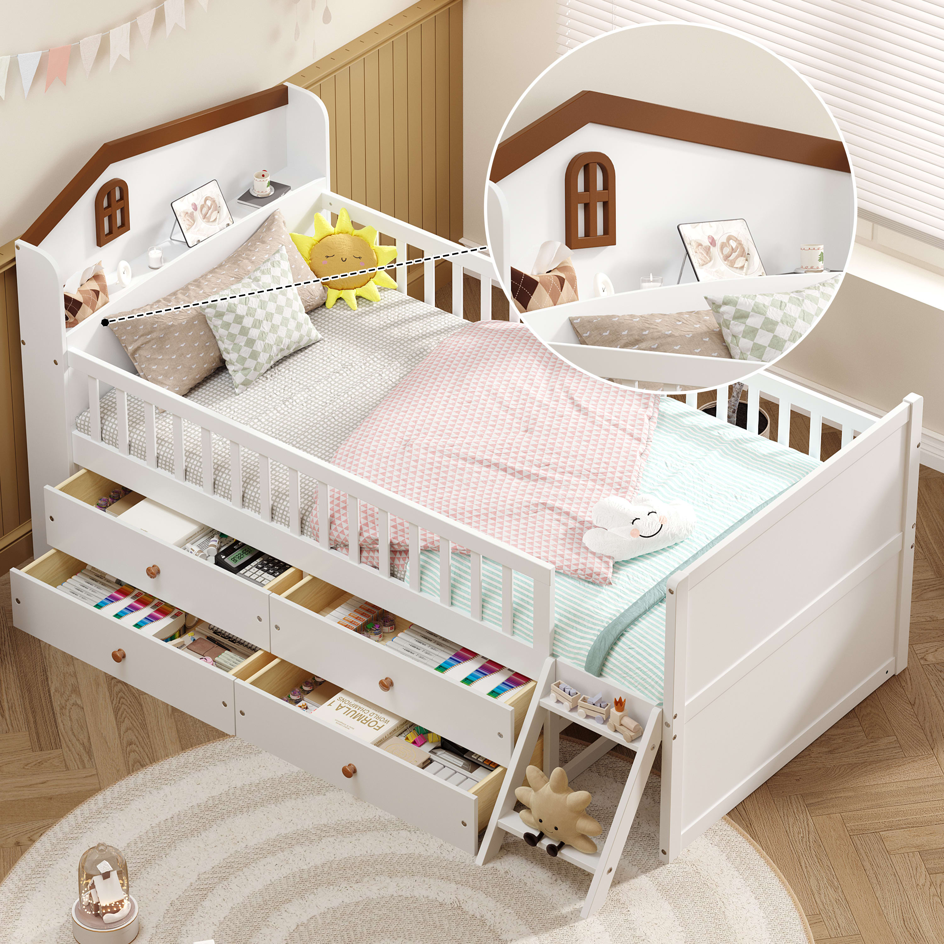 Twin Bed Frame With Storage 4 Drawers,Wooden Bed Frame For Kids,Platform Twin Size Bed With Guardrail Headboard And Ladder, No Box Spring Needed, Easy Assembly, White view 3