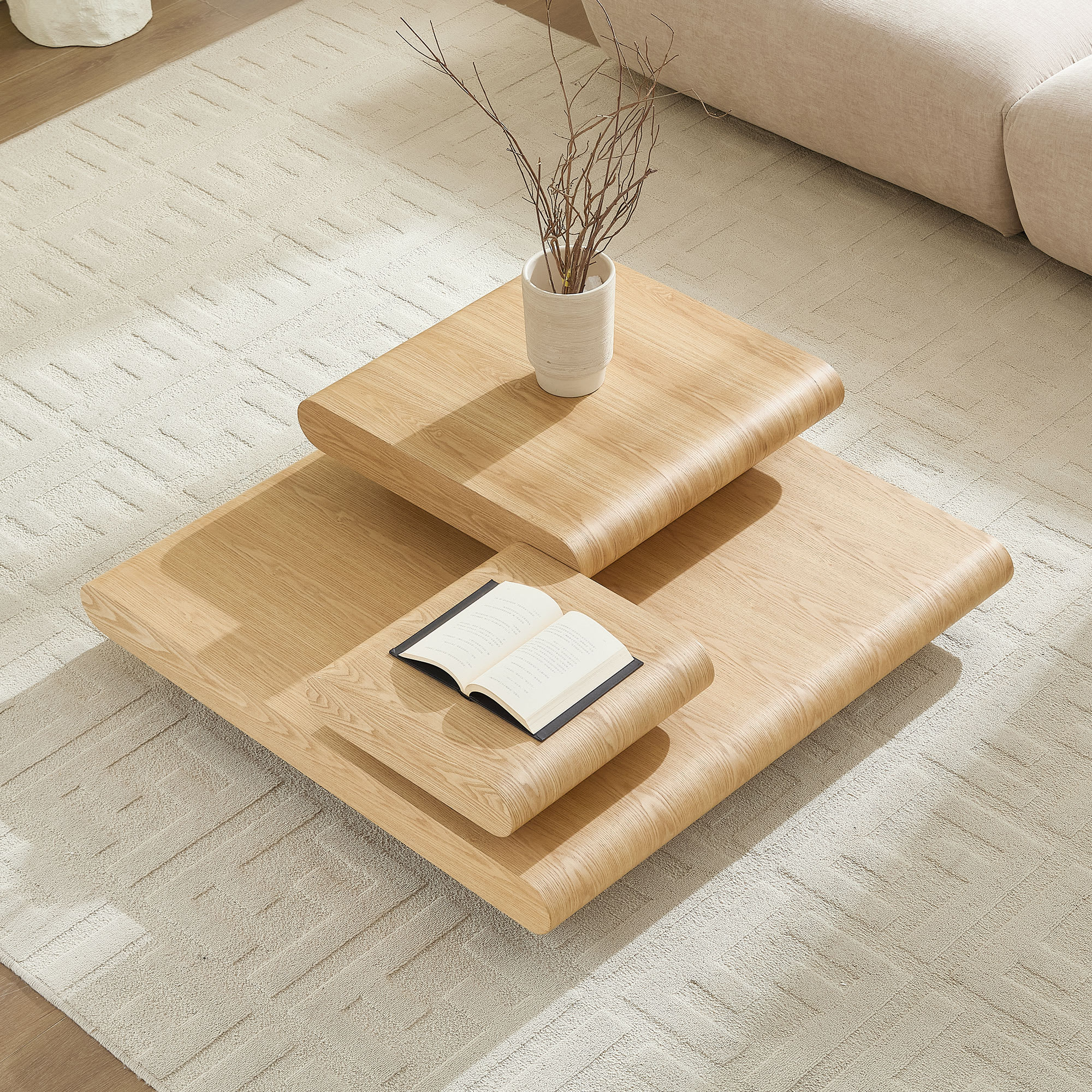 3-Piece Modular Stacking Coffee Table  Natural Wood Look, Mordern MDF Table Front Of The Sofa, 39.37 Inch Square Center Coffee Table For Living Room,No Assembly,Natural Color view 5