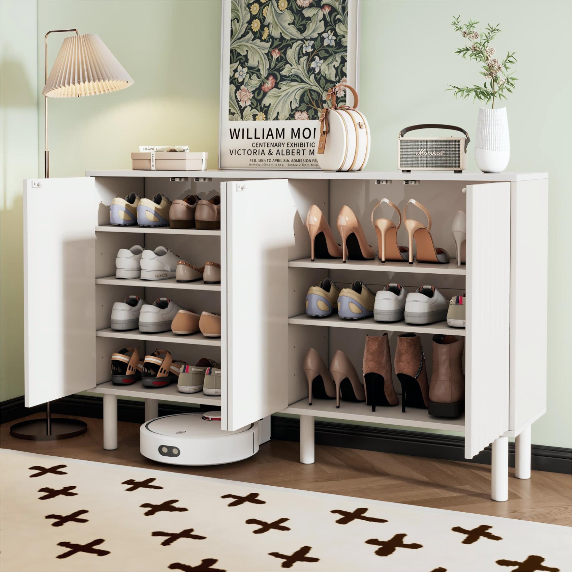 ON-TREND Minimalist Shoe Cabinet With 5 Solid Wood Legs, Cream Style Sideboard Buffet Cabinet With Fluted Doors, Large 4-Door Storage Cabinet With Adjustable Shelves For Living Room, White, 55.1x13.7 view 3