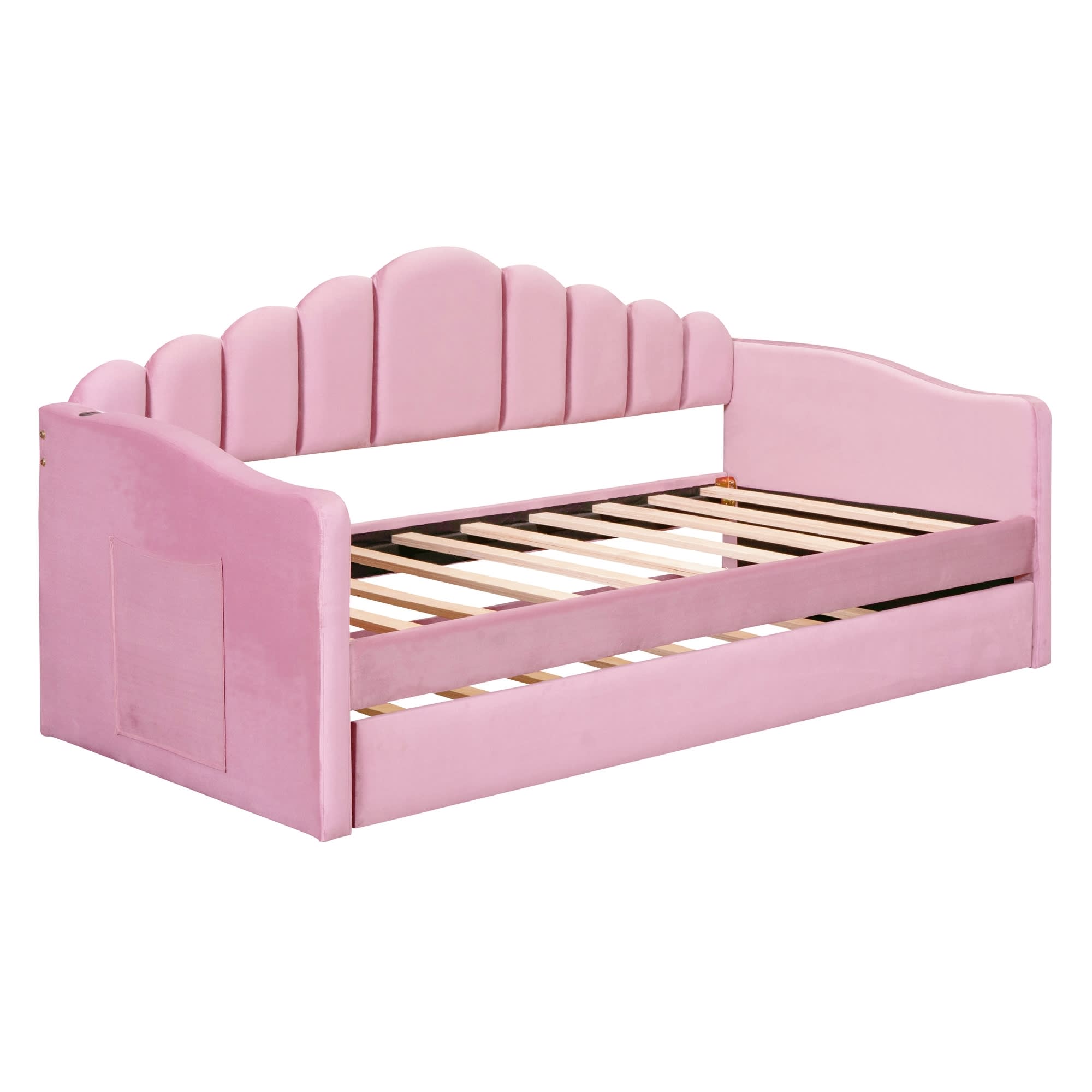 Twin Size Upholstered Daybed With Trundle ,Velvet Sofabed With USB Charging Ports,No Box-spring Needed, view 3