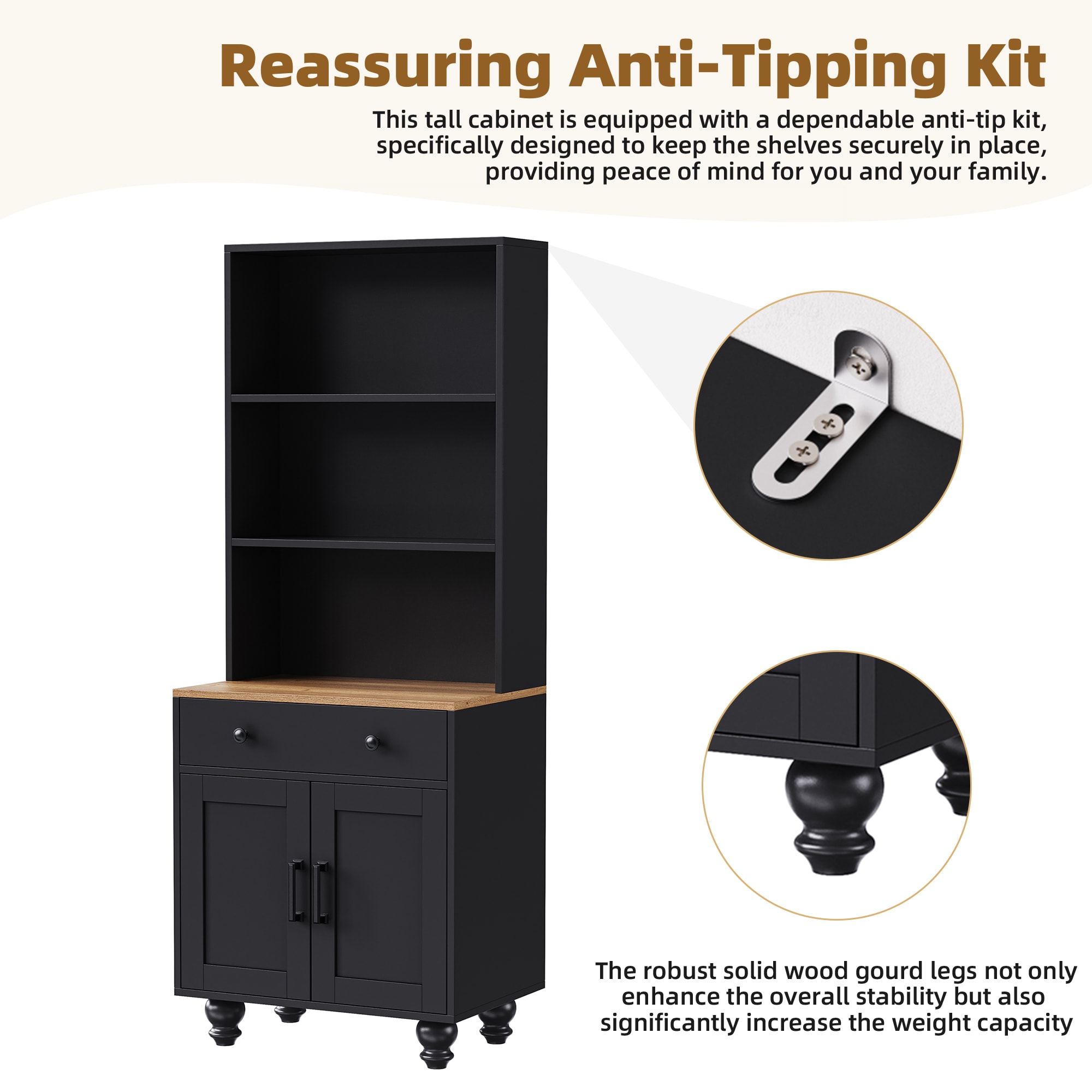 ON-TREND Farmhouse Storage Cabinet With 4 Solid Wood Gourd-Shaped Legs, Modern Kitchen Pantry Cabinet With Adjustable Shelves, 5 Tier Bookshelf With Drawer For Living Room, Black view 2