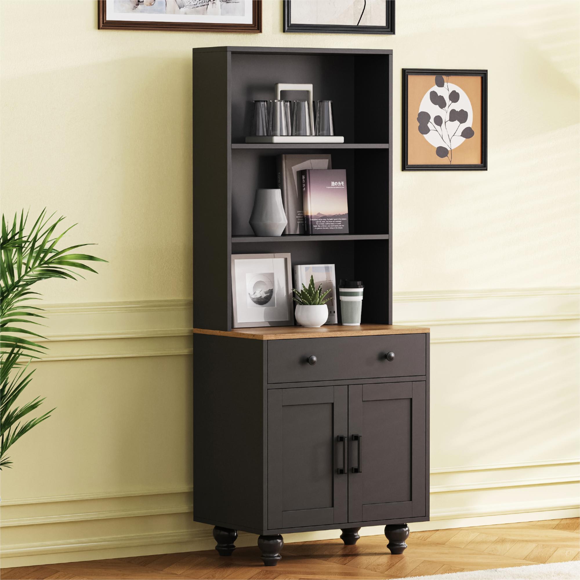 ON-TREND Farmhouse Storage Cabinet With 4 Solid Wood Gourd-Shaped Legs, Modern Kitchen Pantry Cabinet With Adjustable Shelves, 5 Tier Bookshelf With Drawer For Living Room, Black view 4