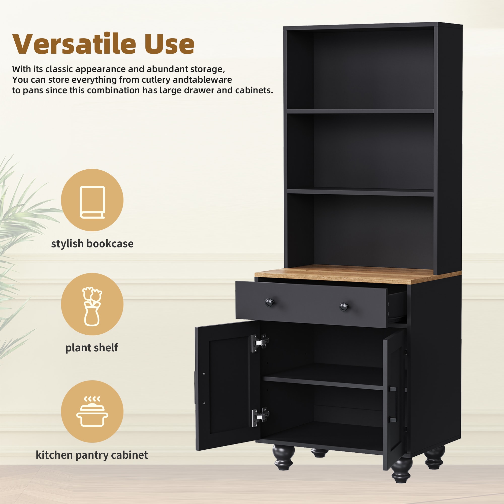 ON-TREND Farmhouse Storage Cabinet With 4 Solid Wood Gourd-Shaped Legs, Modern Kitchen Pantry Cabinet With Adjustable Shelves, 5 Tier Bookshelf With Drawer For Living Room, Black view 5