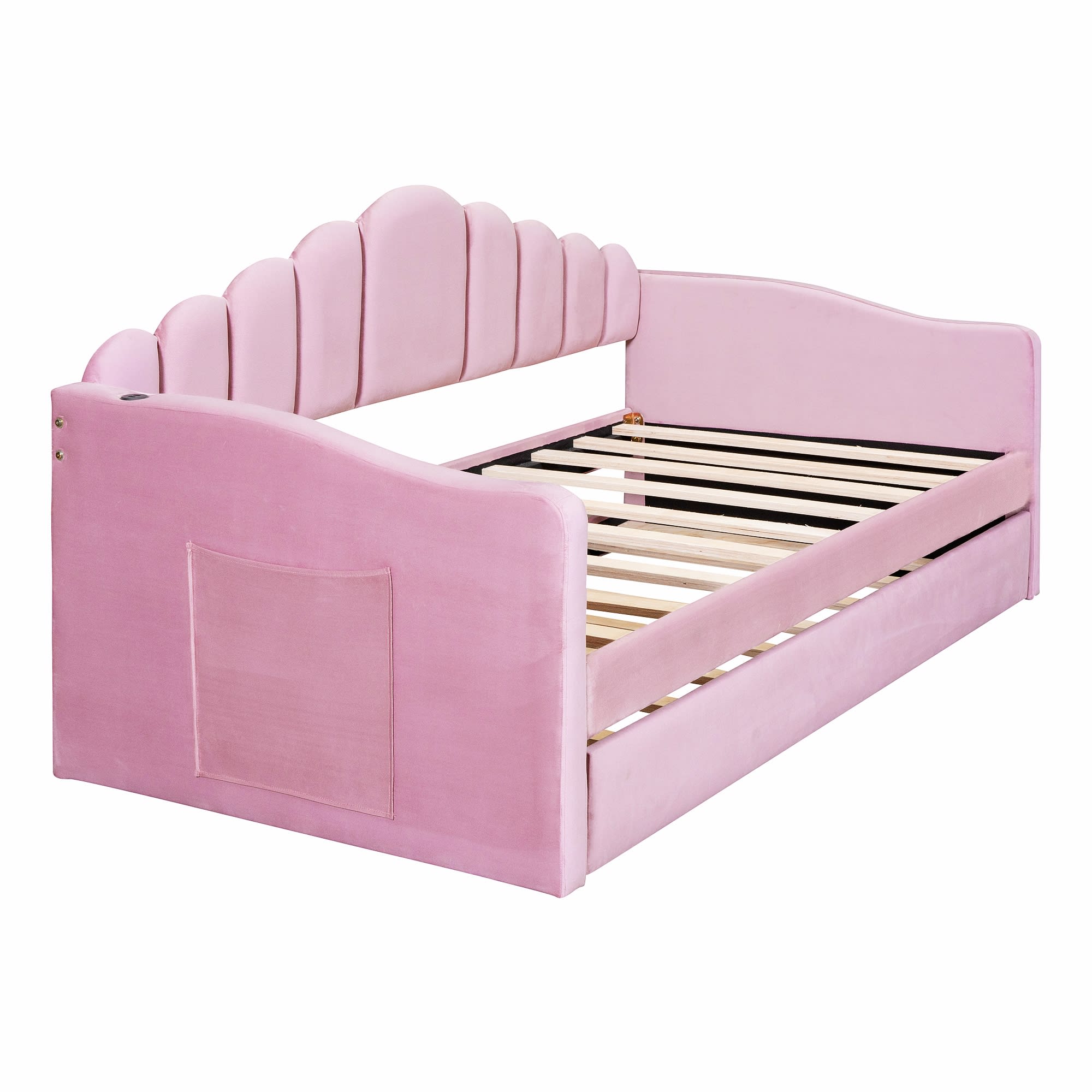 Twin Size Upholstered Daybed With Trundle ,Velvet Sofabed With USB Charging Ports,No Box-spring Needed, view 4
