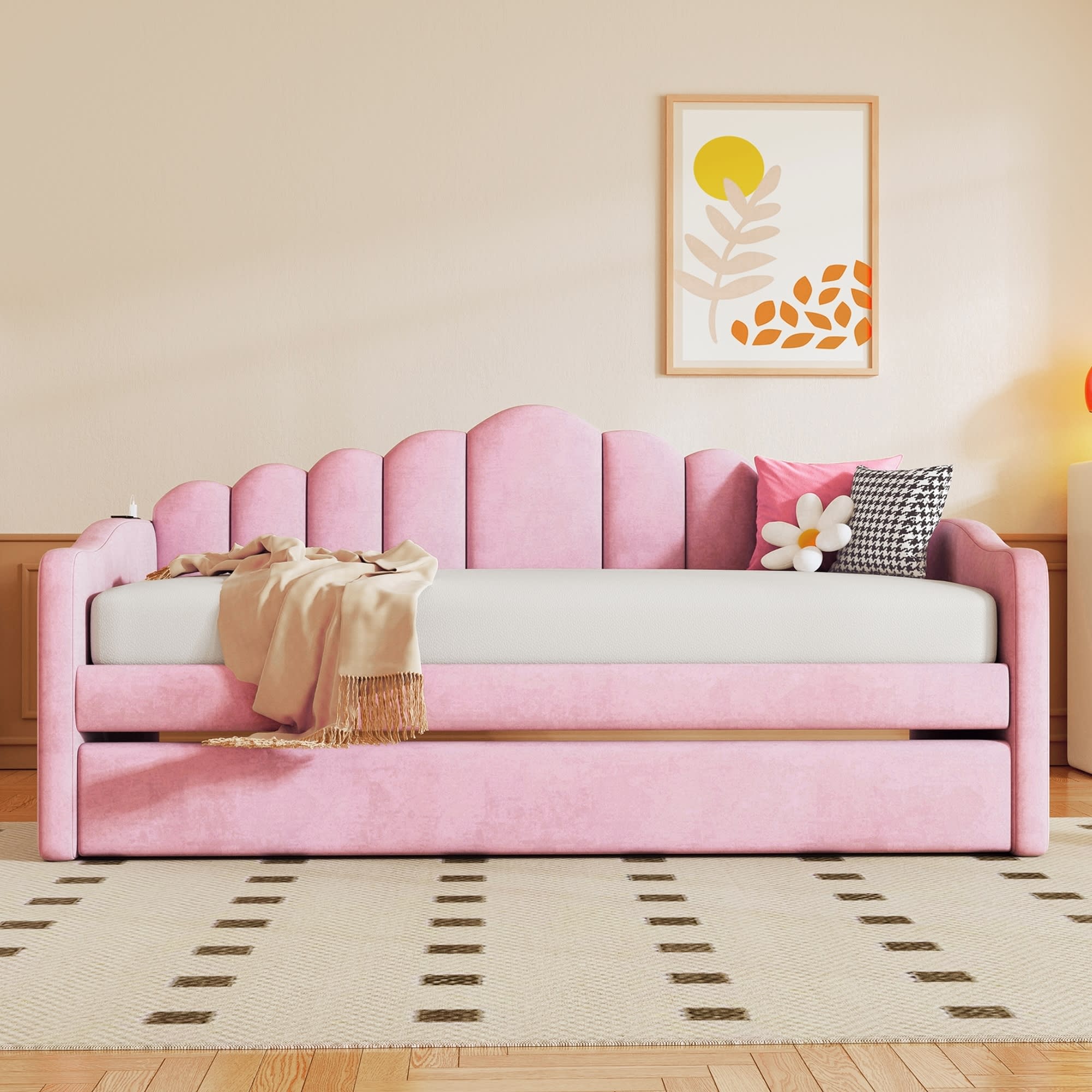 Twin Size Upholstered Daybed With Trundle ,Velvet Sofabed With USB Charging Ports,No Box-spring Needed, view 5