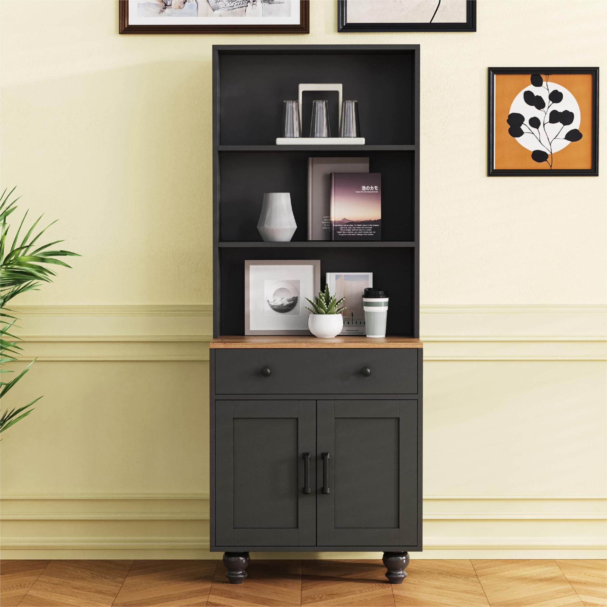 ON-TREND Farmhouse Storage Cabinet With 4 Solid Wood Gourd-Shaped Legs, Modern Kitchen Pantry Cabinet With Adjustable Shelves, 5 Tier Bookshelf With Drawer For Living Room, Black view 3