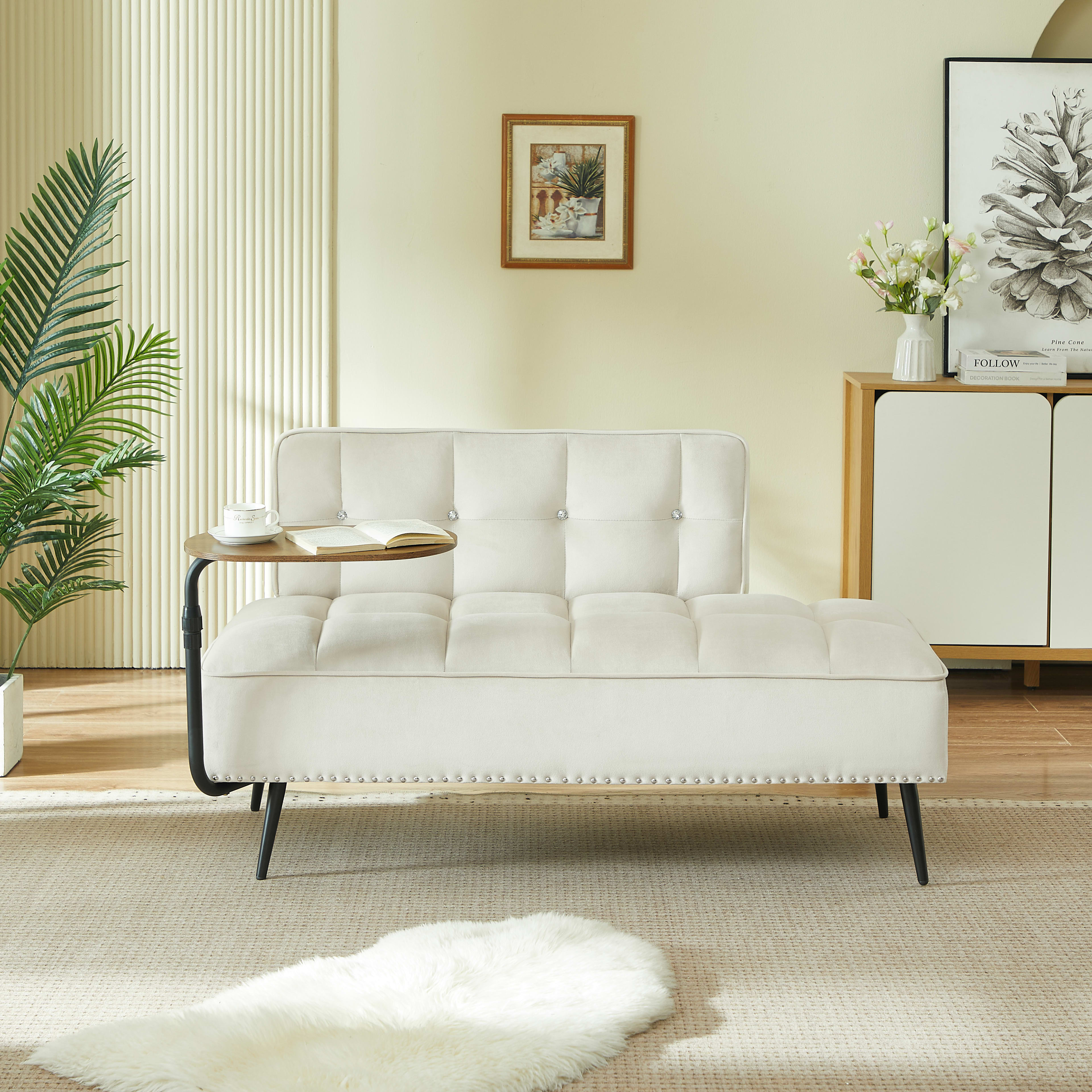 54-Inch Modern Two-Seater Velvet Sofa With Backrest & 360 Rotating Side Table - Includes Bench And Ottoman, Plush Cushions, Space-Saving Design For Living Room, Bedroom, Apartment Beige view 5