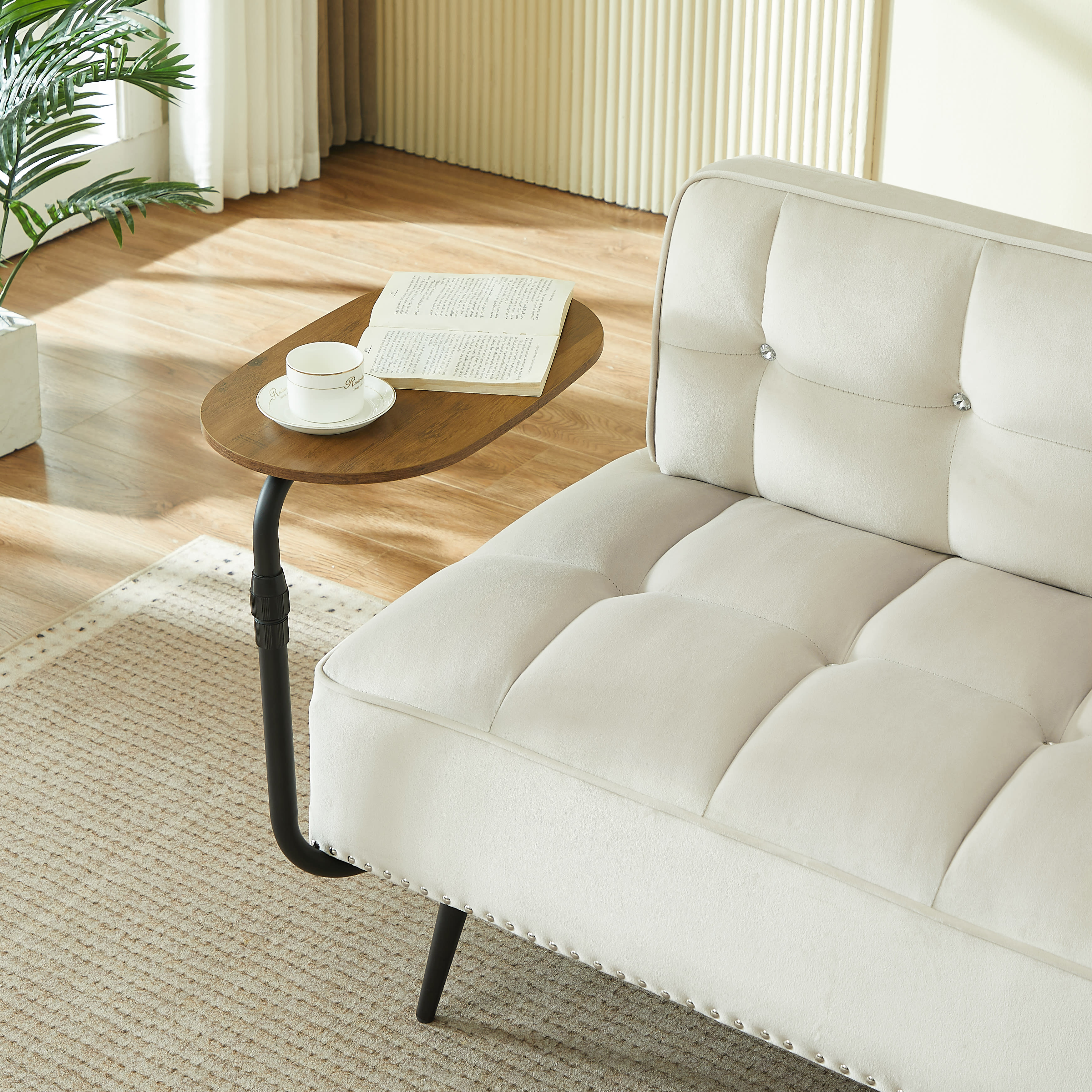 54-Inch Modern Two-Seater Velvet Sofa With Backrest & 360 Rotating Side Table - Includes Bench And Ottoman, Plush Cushions, Space-Saving Design For Living Room, Bedroom, Apartment Beige view 3